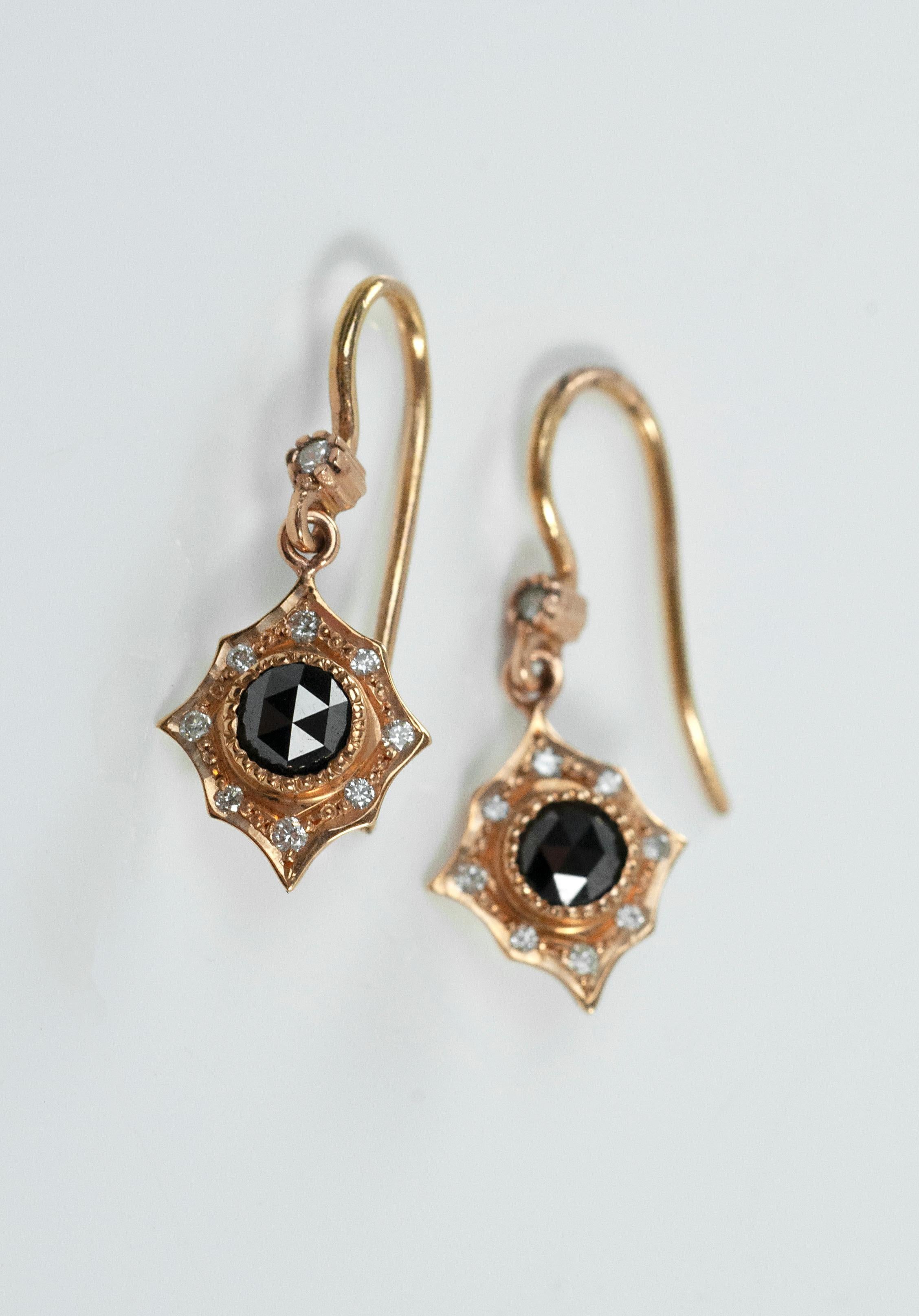 Artisan Black Rose Cut Diamond and 14 Karat Rose Gold Earrings Suneera For Sale
