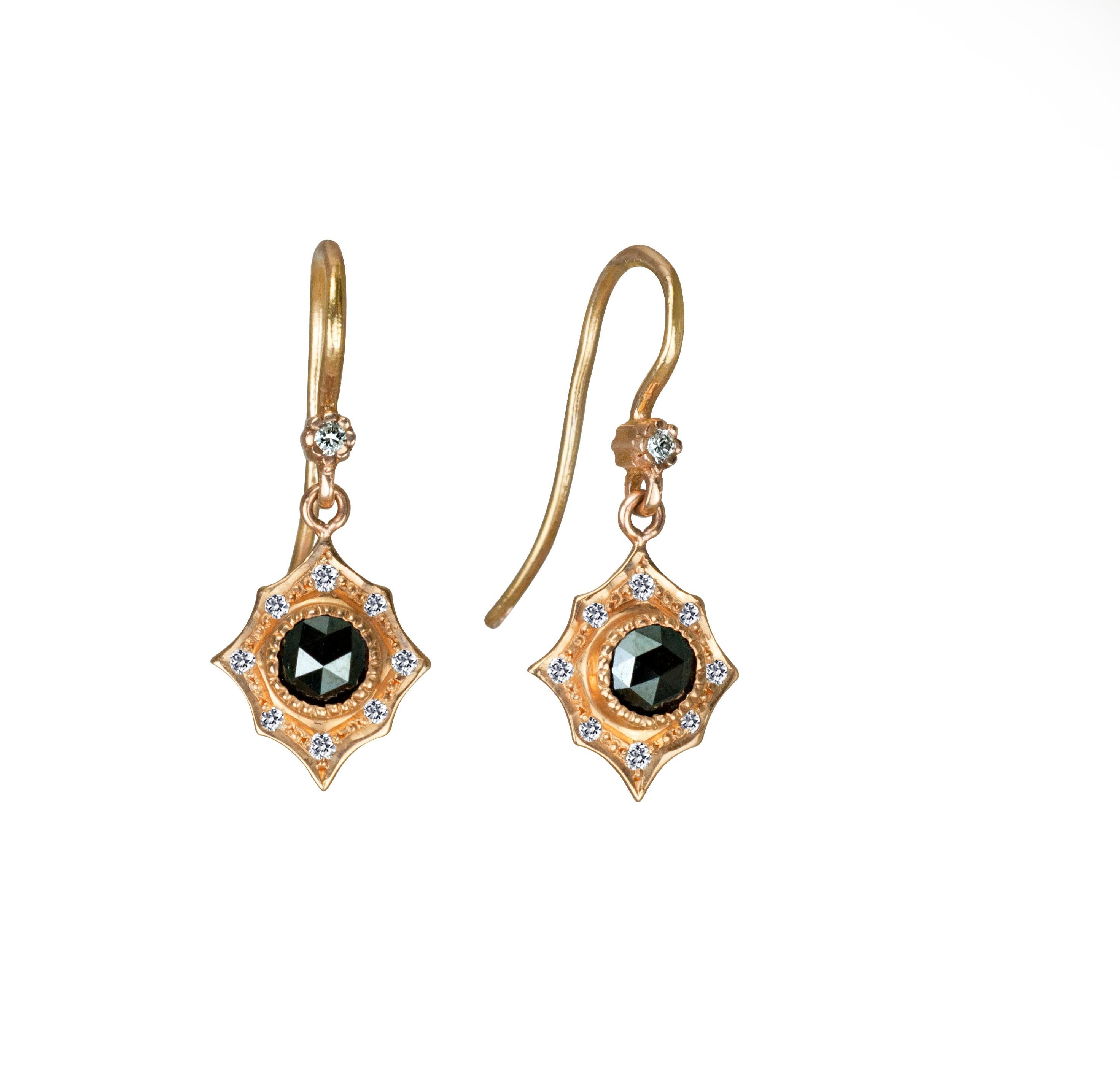 Women's Black Rose Cut Diamond and 14 Karat Rose Gold Earrings Suneera For Sale