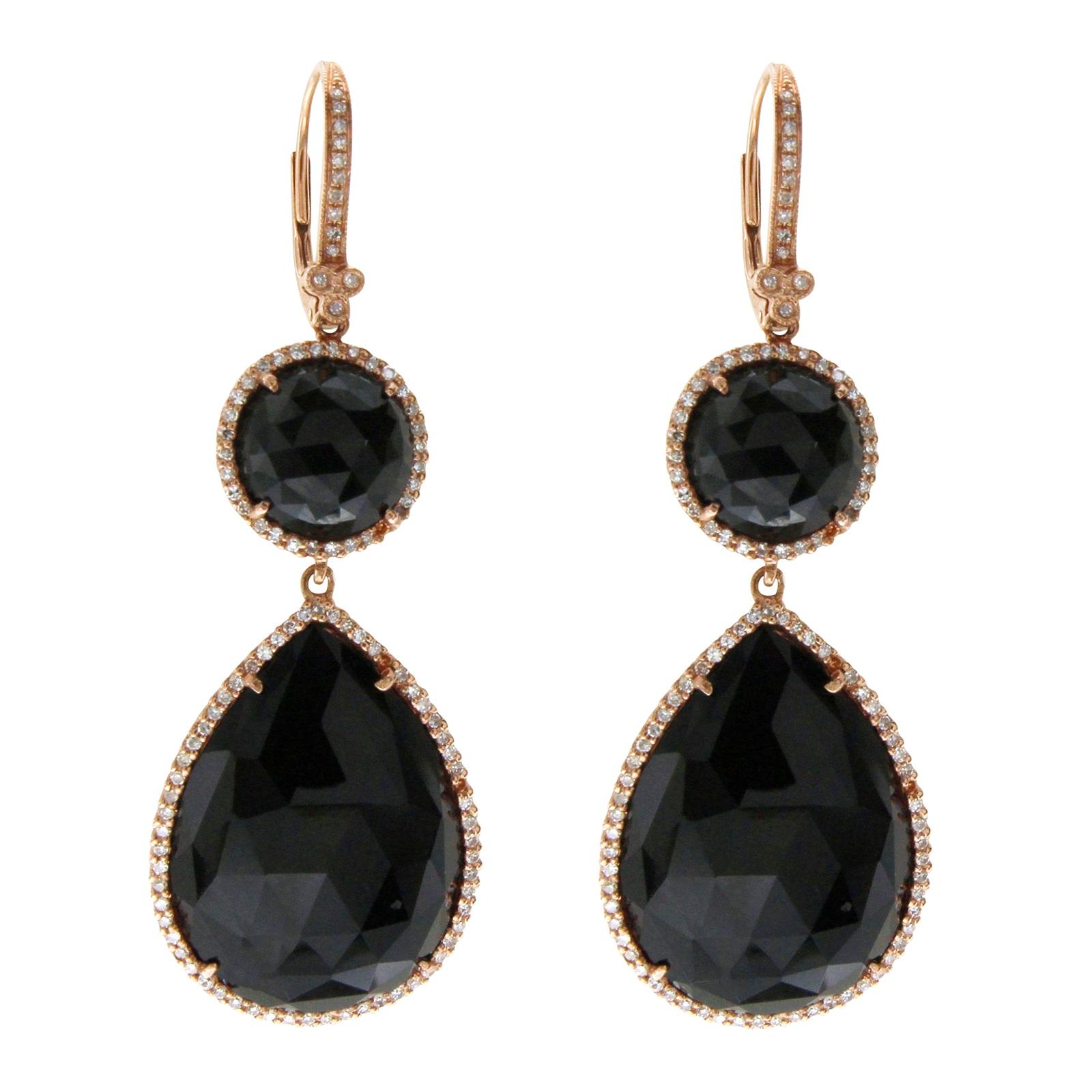 Black Rose Cut Sliced 28 Ct Onyx 0.56ct Diamonds 14k Rose Gold Earrings For Sale