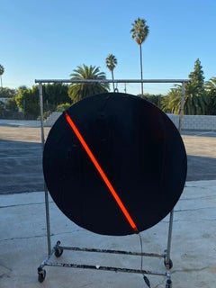 Black Round abstract Painting , Tar and melted Pewter and neon light