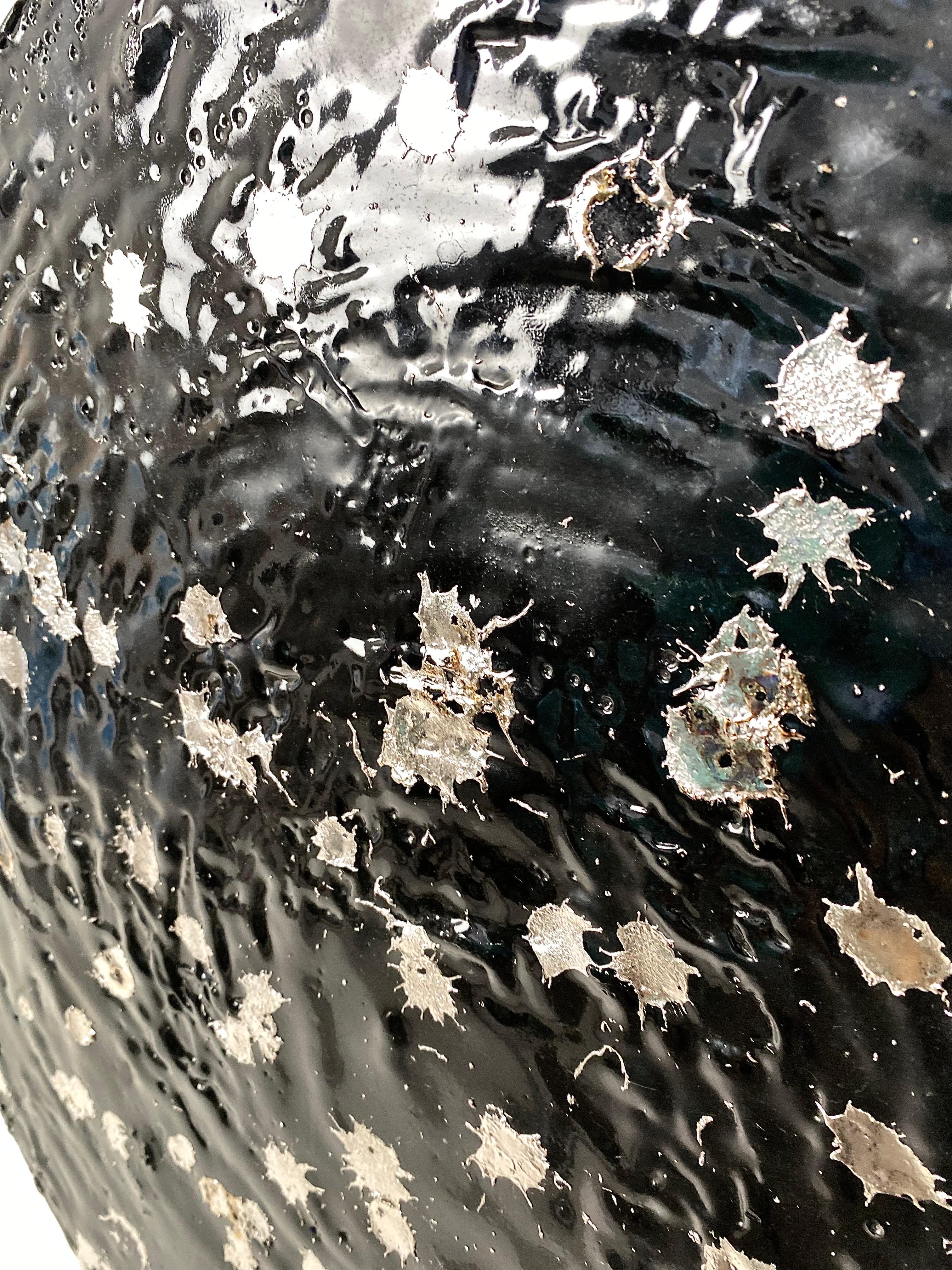 Black Round abstract Painting , Tar and melted Pewter In Excellent Condition For Sale In Culver City, CA