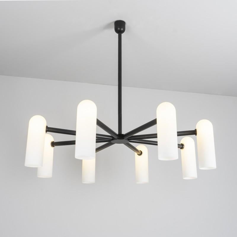 Odyssey Round MD Black Chandelier by Schwung
Dimensions: W 119 x D 119 x H 131 cm
Materials: Black gunmetal, frosted glass

Finishes available: Black gunmetal, polished nickel
  

 Schwung is a german word, and loosely defined, means energy or