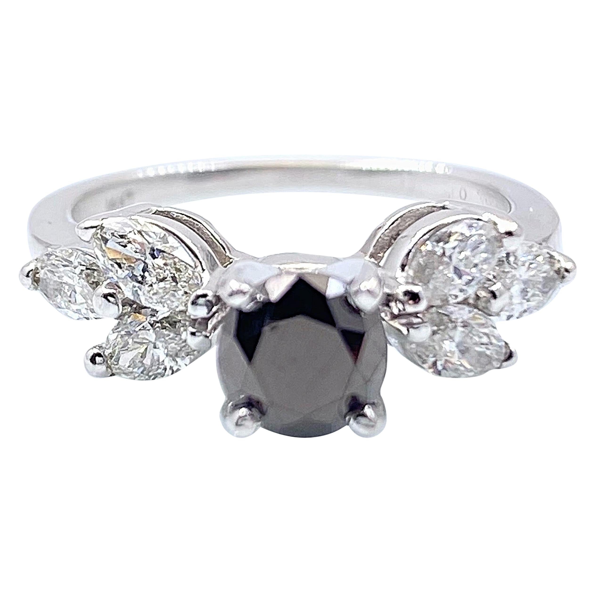 Black Round Diamond Engagement Ring 1.40 Carat 14 Karat White Gold For Sale
