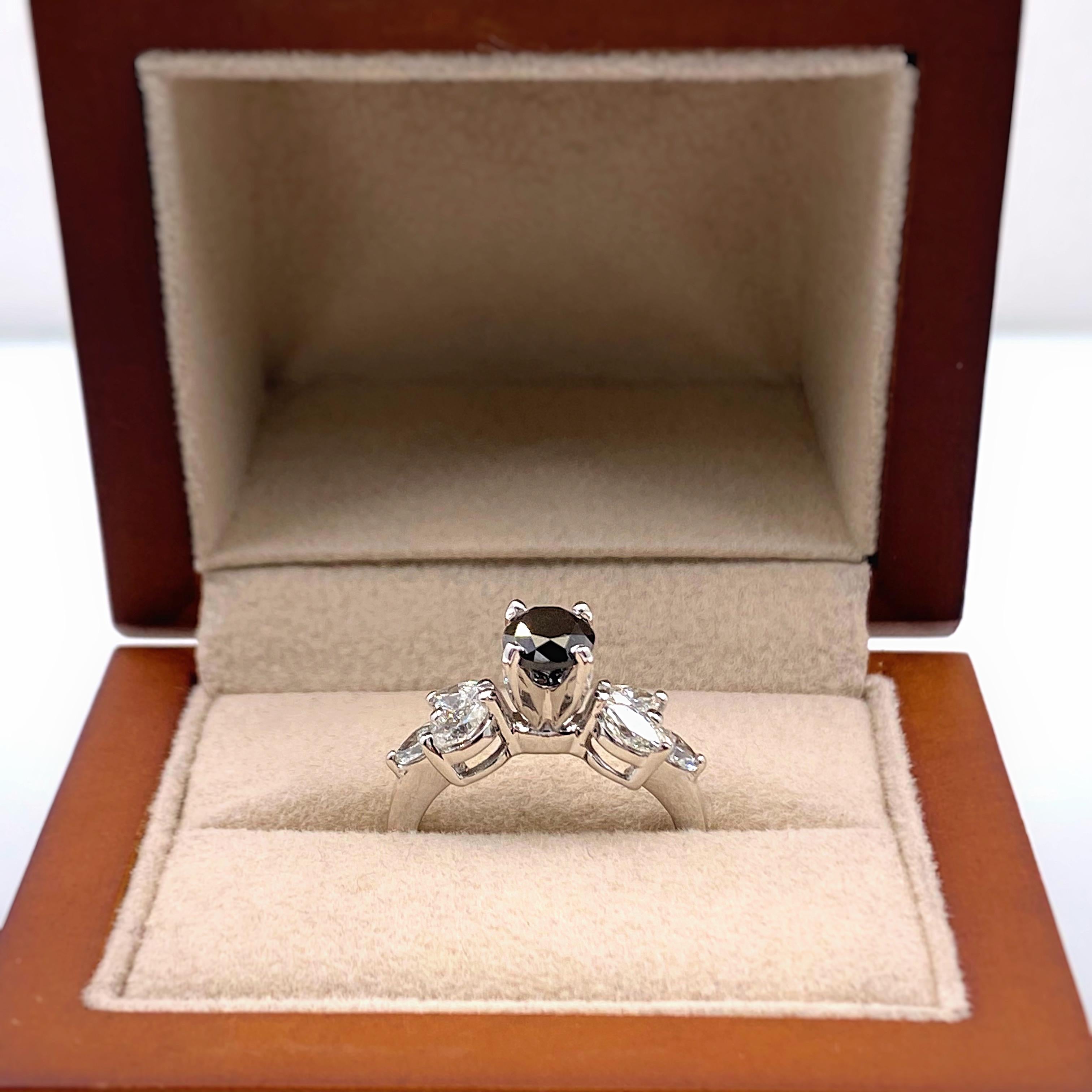 Black Round Diamond Engagement Ring 1.40 Carat 14 Karat White Gold For Sale 2