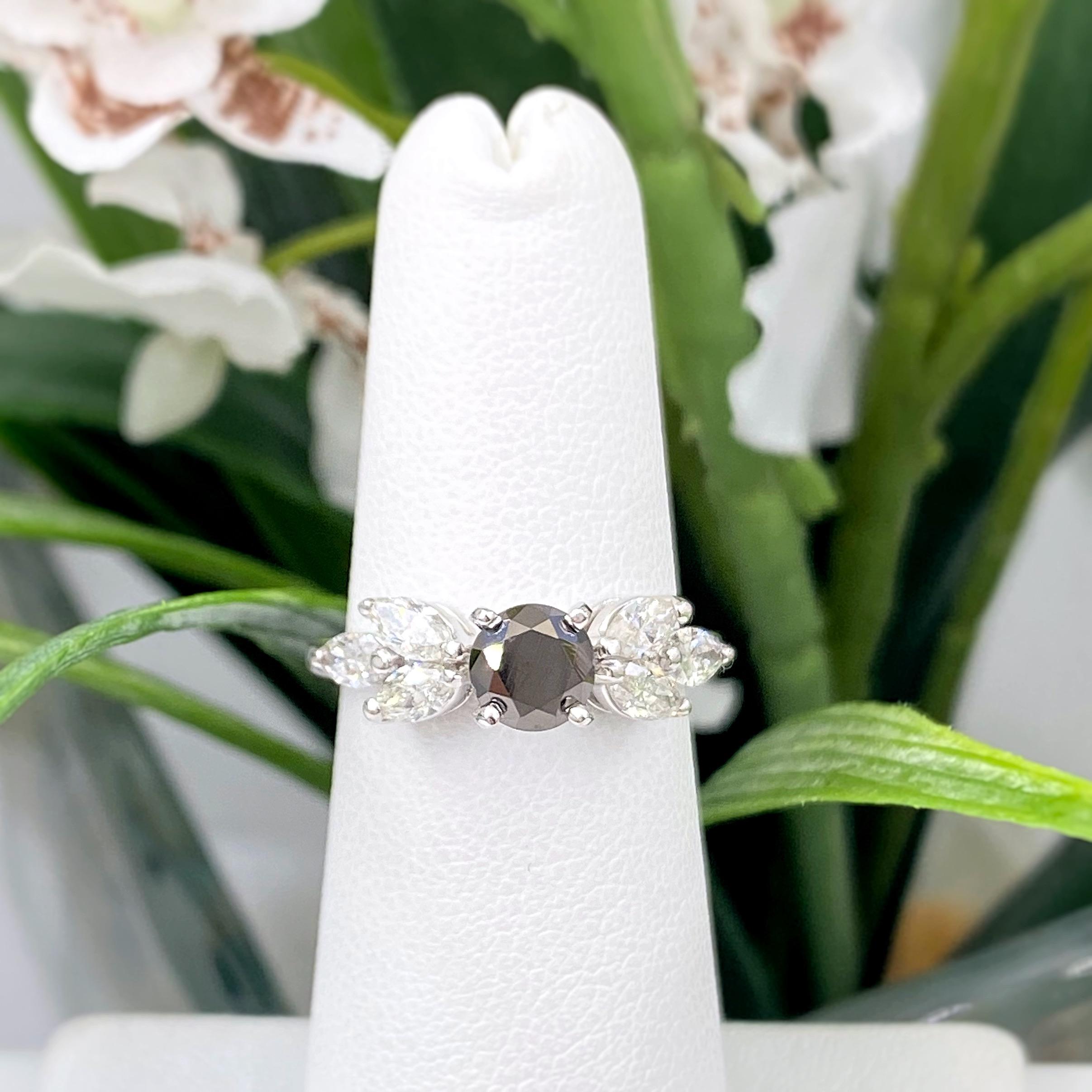 Black Round Diamond Engagement Ring 1.40 Carat 14 Karat White Gold For Sale 3