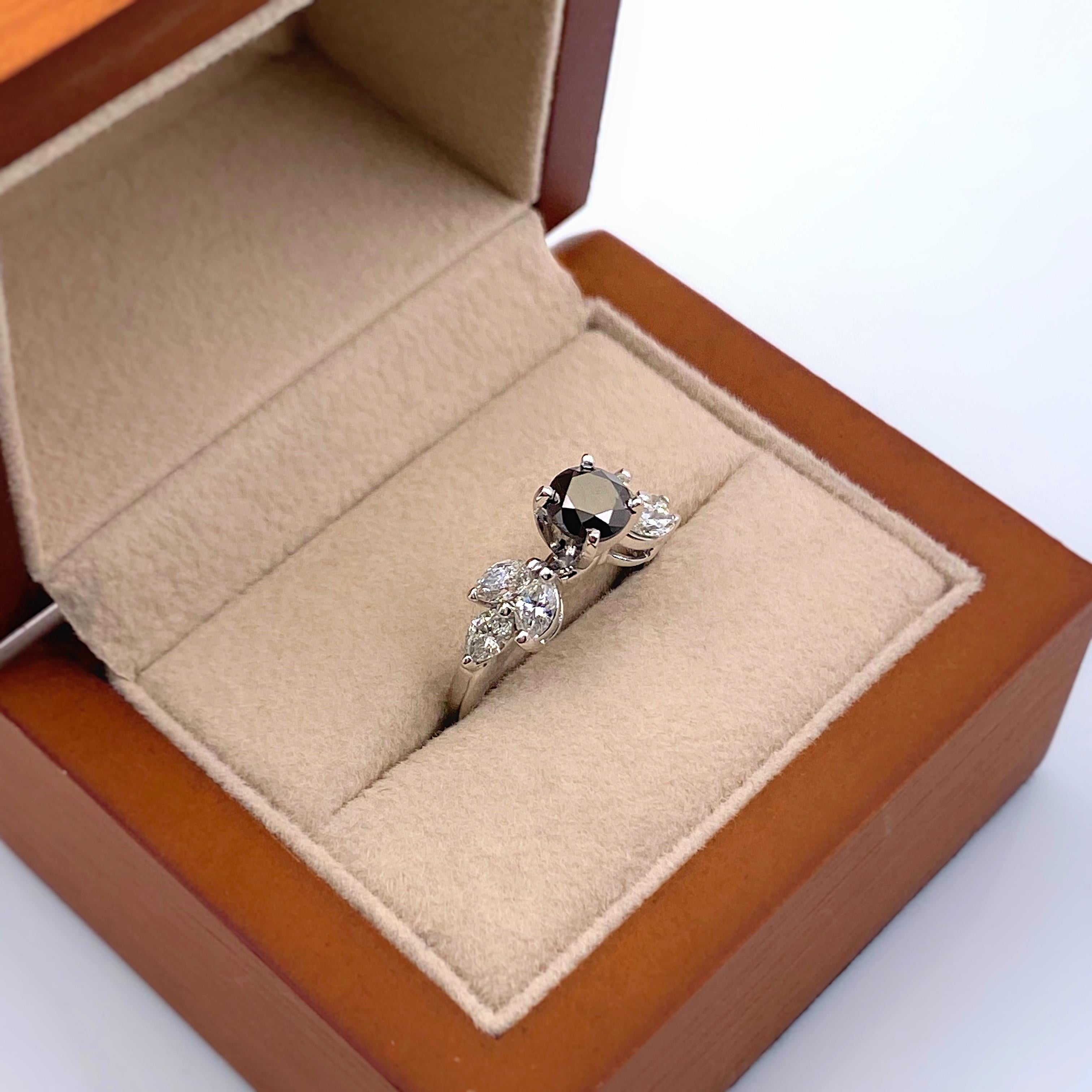 Black Round Diamond Engagement Ring 1.40 Carat 14 Karat White Gold For Sale 1