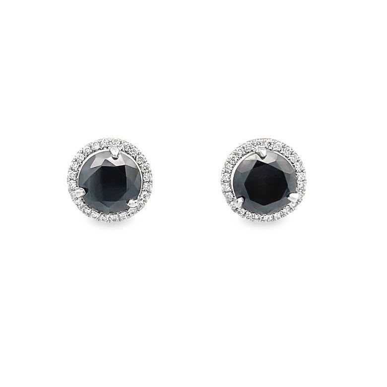 Women's Black Round Diamonds 1.91CT & White Round Diamonds 0.20CT 14KW Studs Earrings For Sale