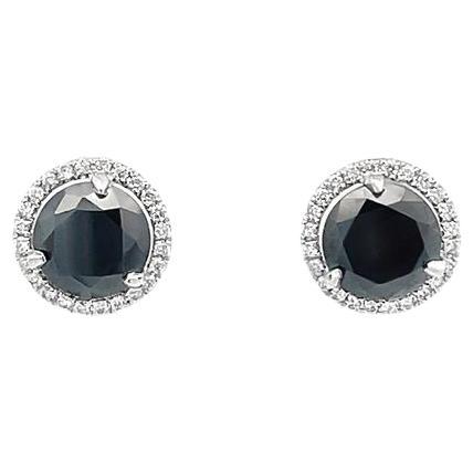 Black Round Diamonds 1.91CT & White Round Diamonds 0.20CT 14KW Studs Earrings For Sale