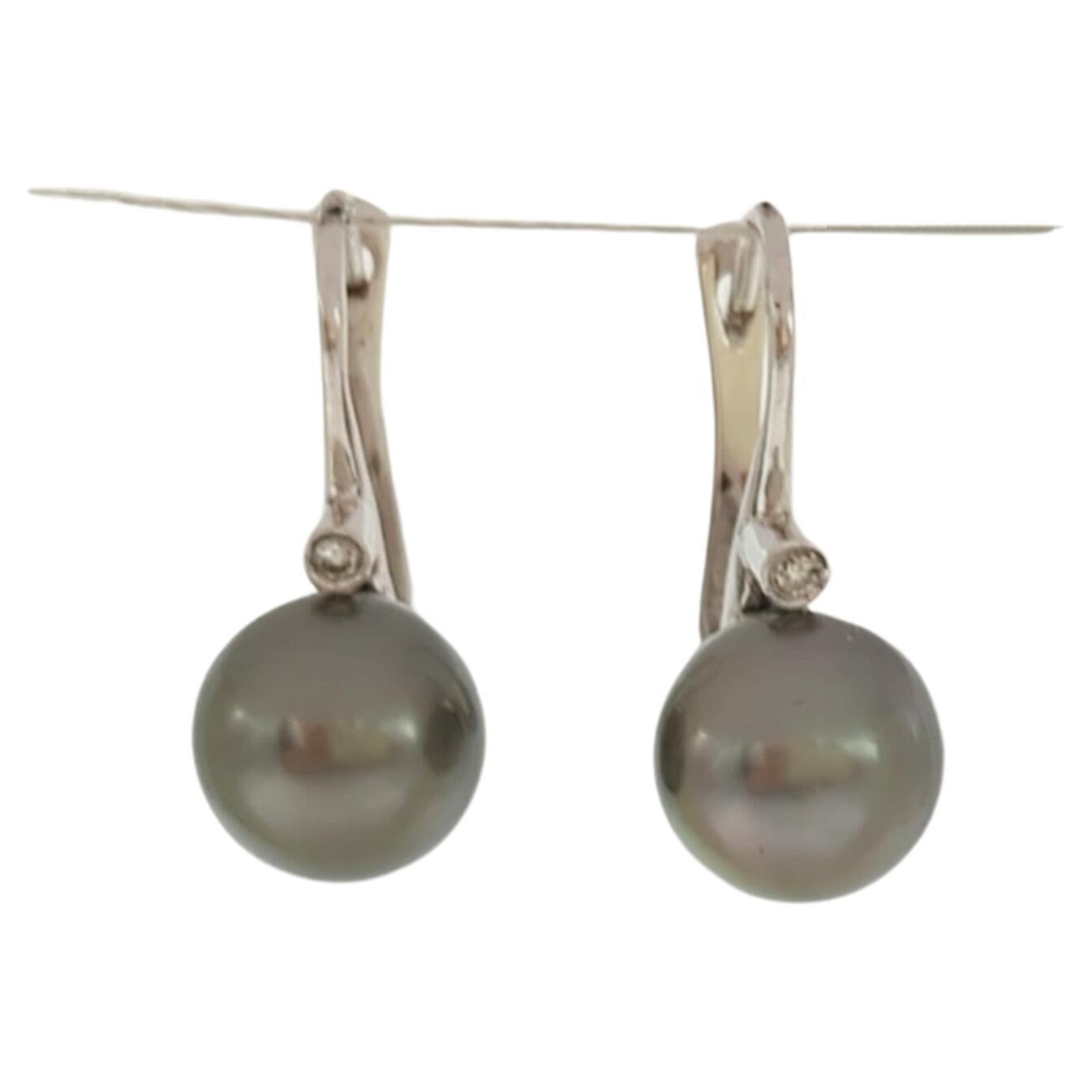 Black Round Pearl and White Diamond Drop Earrings in 18K White Gold