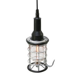 Lampada da lavoro a sospensione in gomma nera con vetro trasparente industriale vintage