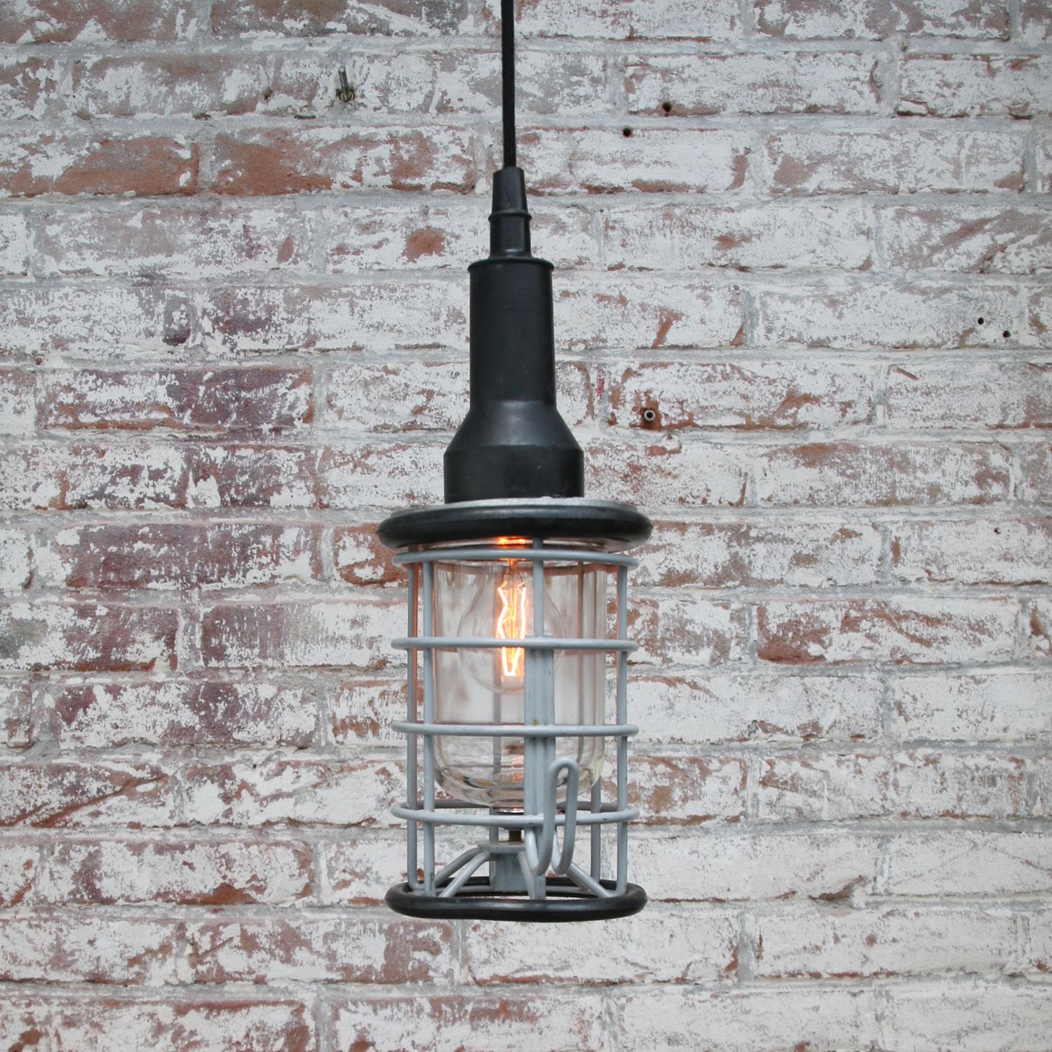 Black Rubber Vintage Industrial Clear Glass Pendant Work Light In Good Condition For Sale In Amsterdam, NL