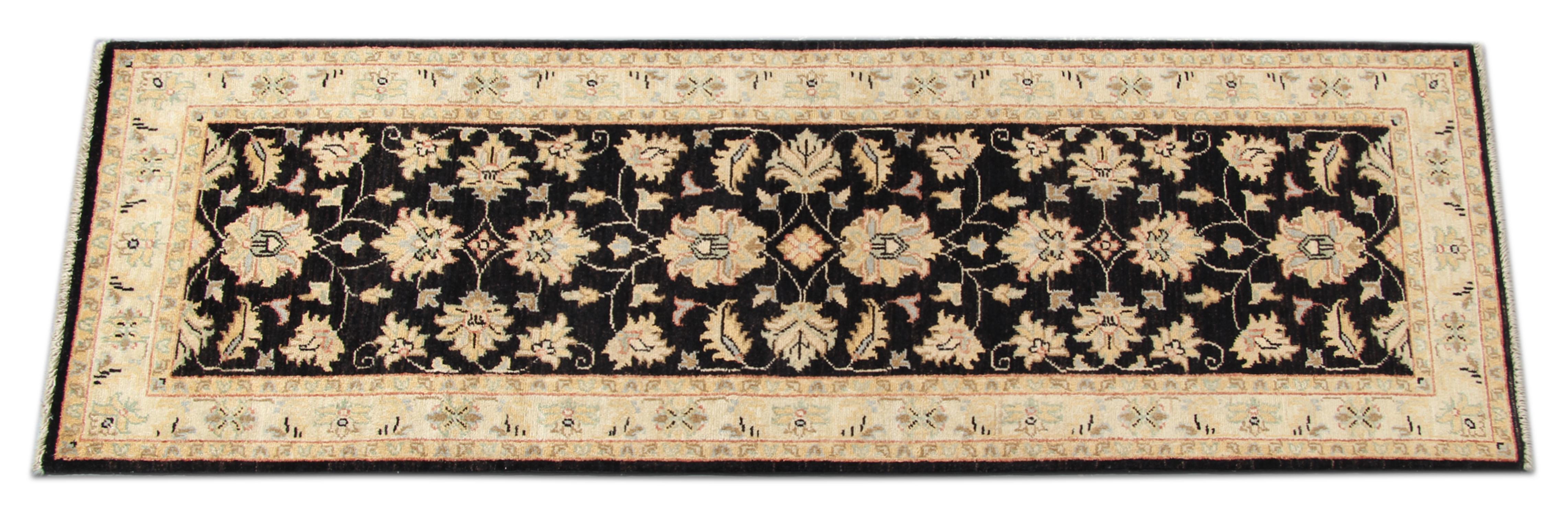 This golden black rug is Ziegler Sultanabad floral rug made on our own looms by our master weavers in Afghanistan. This carpet rug is made with all-natural vegetable dyes and all hand-spun wool. The large rug scale design makes these carpet runners