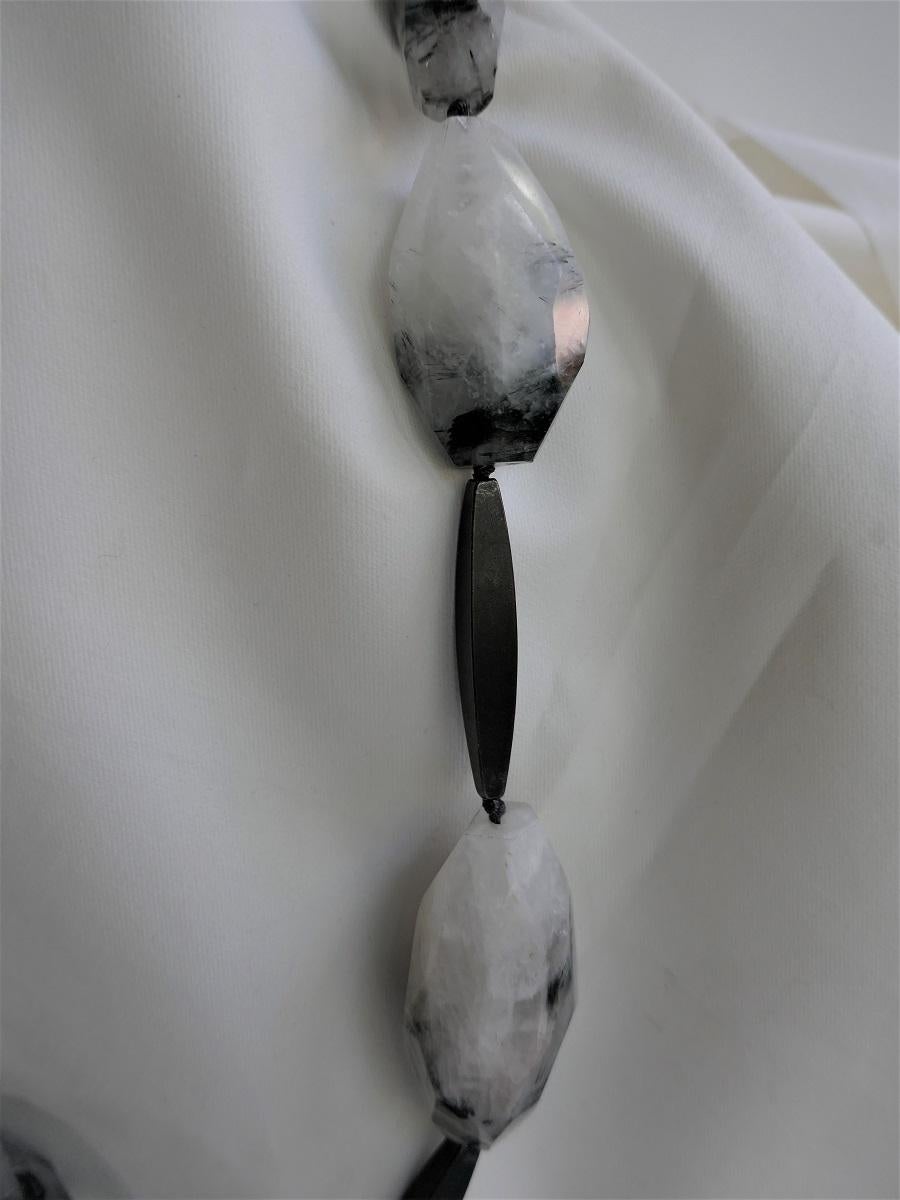 Contemporary Black Rutilated Quartz Nuggets Graphite 925 Silver Clasp Gemstone Necklace For Sale