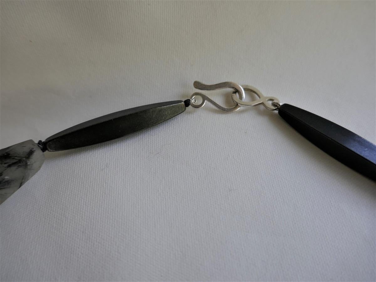 Black Rutilated Quartz Nuggets Graphite 925 Silver Clasp Gemstone Necklace In New Condition For Sale In Coral Gables, FL