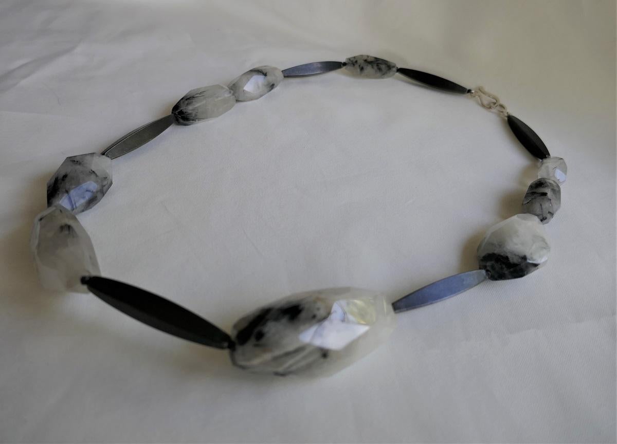 Black Rutilated Quartz Nuggets Graphite 925 Silver Clasp Gemstone Necklace For Sale 1