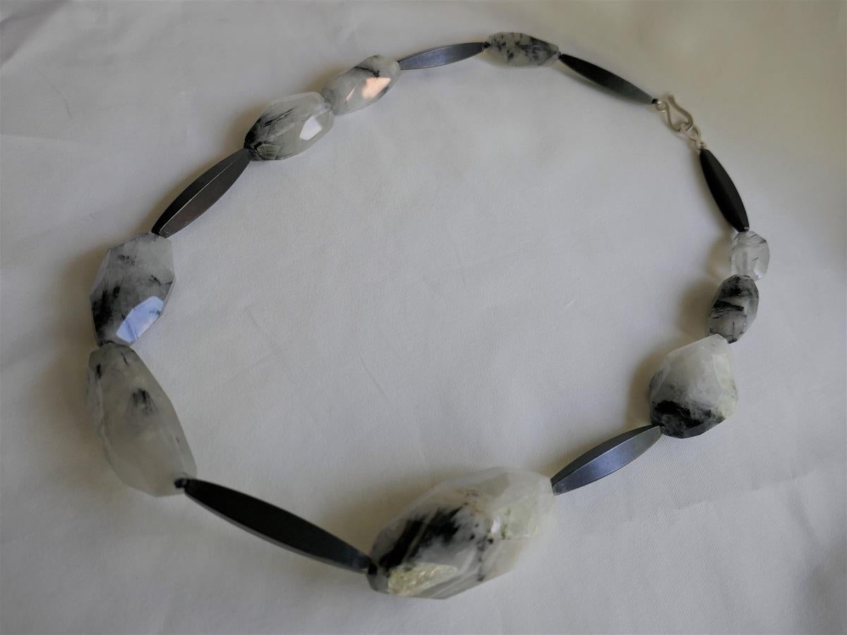 Black Rutilated Quartz Nuggets Graphite 925 Silver Clasp Gemstone Necklace For Sale 2