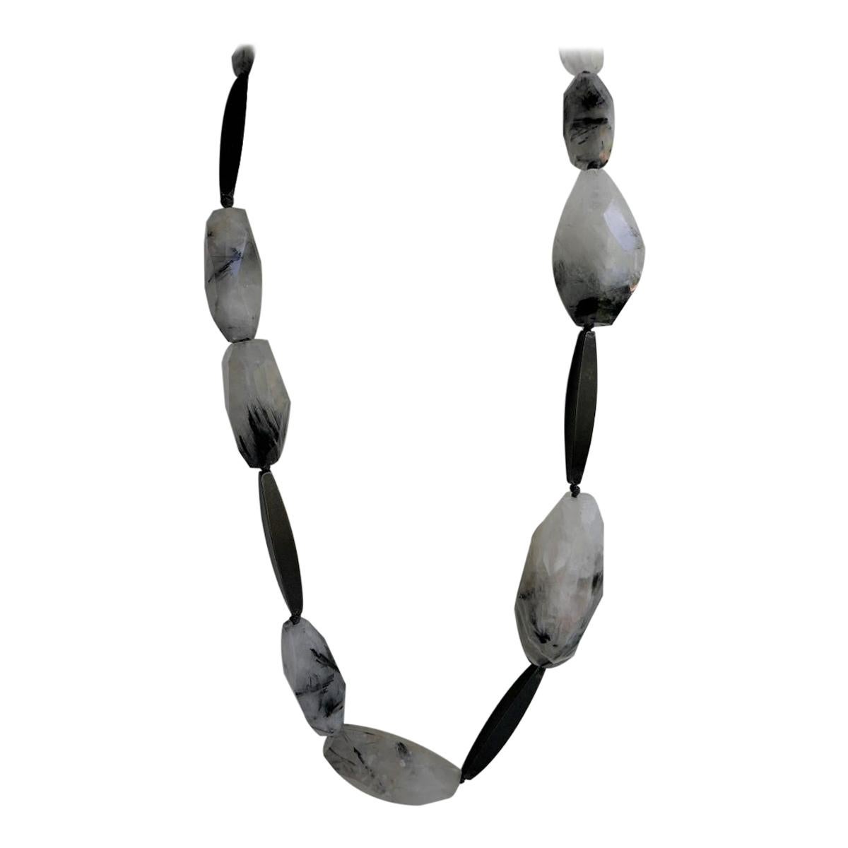 Black Rutilated Quartz Nuggets Graphite 925 Silver Clasp Gemstone Necklace For Sale