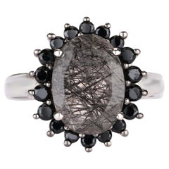 Black Rutile Ring With Black Spinel 5.90 Carats Sterling Silver