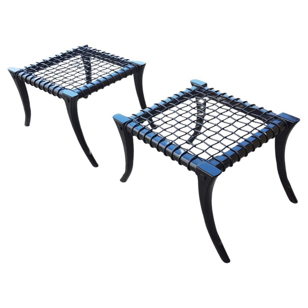 Black Saber Legs and Black Woven Leather Stools Customizable Upholstery and Wood For Sale