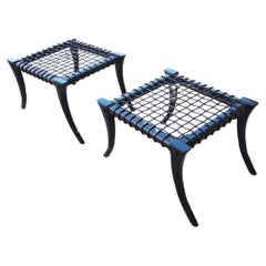 Black Saber Legs and Black Woven Leather Stools Customizable Upholstery and Wood