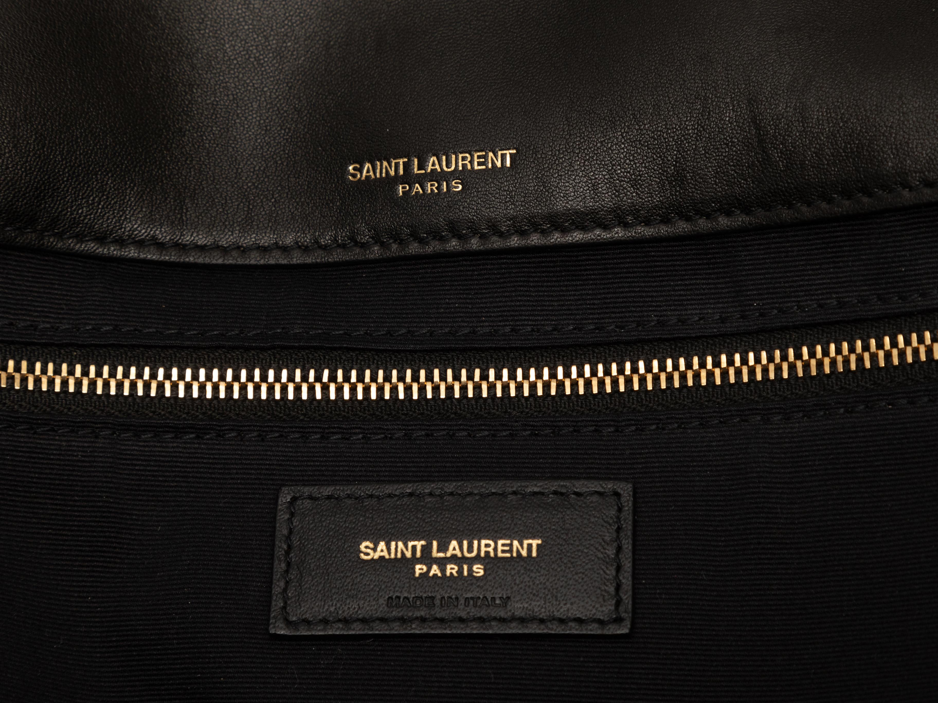 Black Saint Laurent Large Jamie Bag. The Jamie Bag features a leather body, gold-tone hardware, dual leather and chain-link handles, and a top flap closure. 19