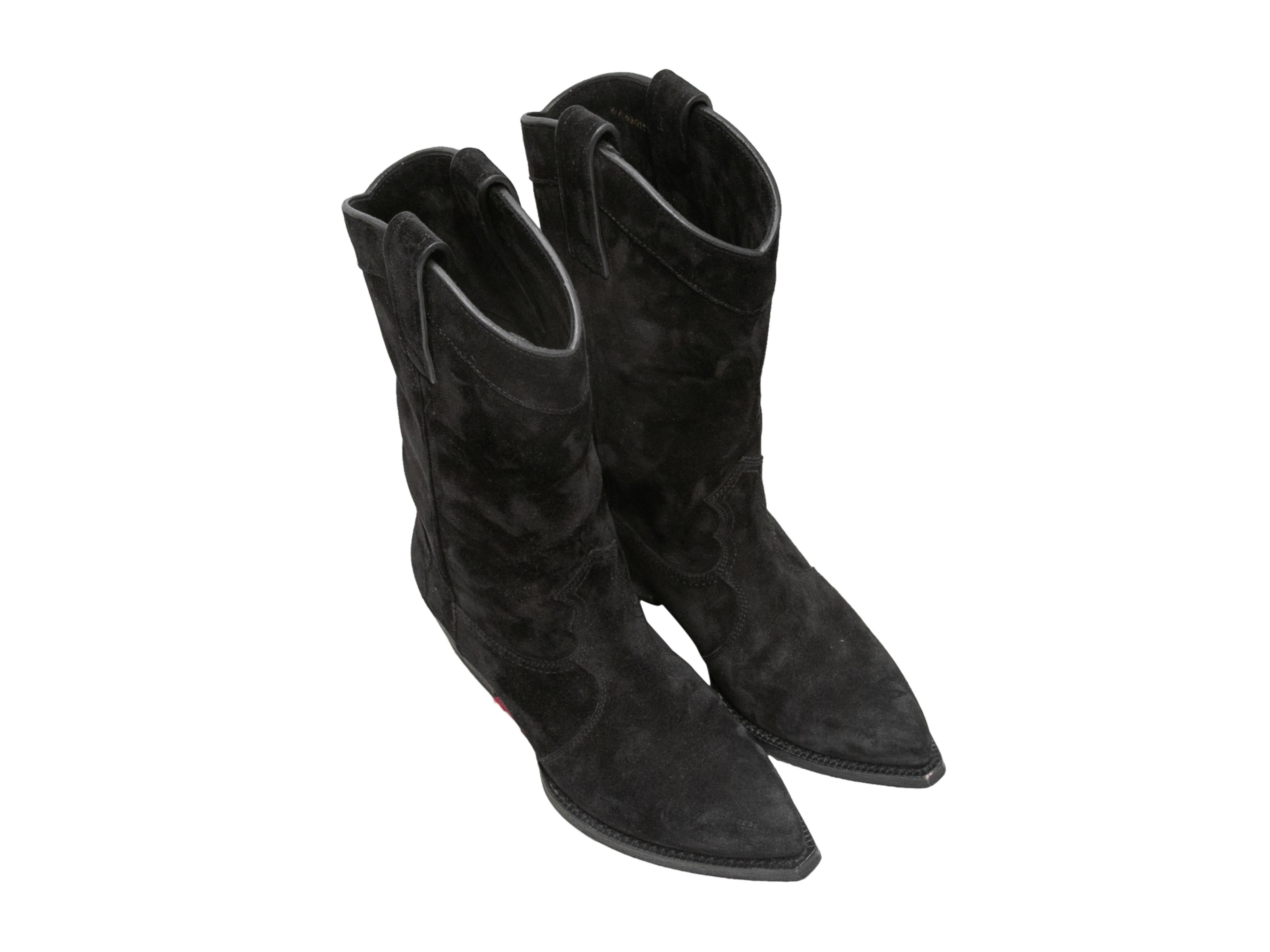 Black suede pointed-toe mid-calf Western boots by Saint Laurent. Stacked heels. 9.5