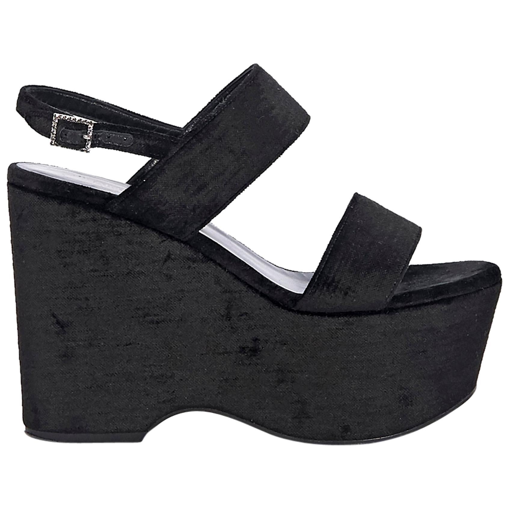 Black Saint Laurent Velvet Wedge Sandals