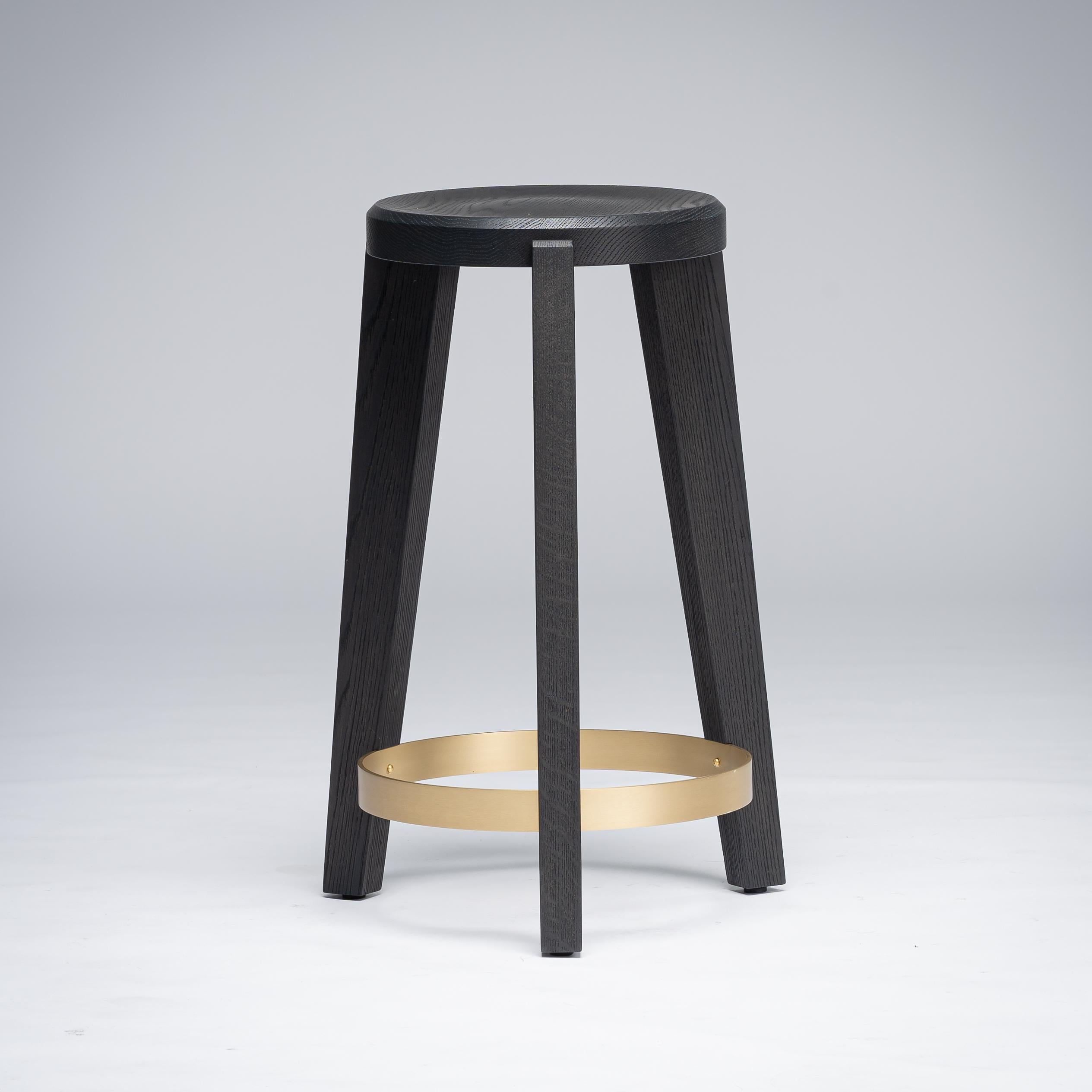 Ebonized Black Sandblasted Oak Counter Stool with Dark Bronze or Brass Base, Mandy Graham For Sale