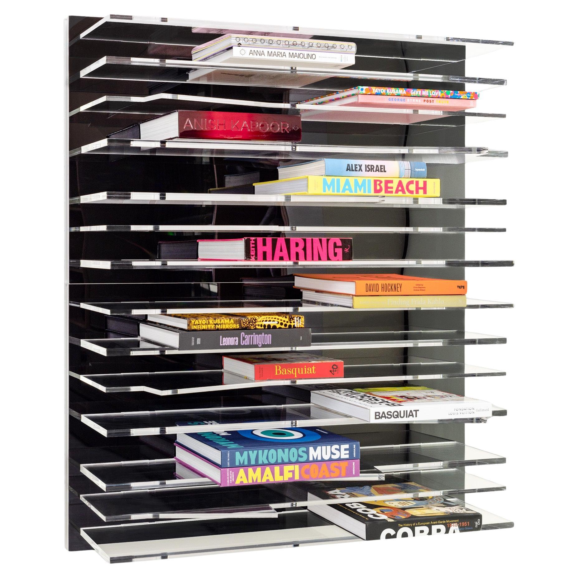 Italian Black Sapere Bookcase by Migdalia Salazar, Mirror Acrylic Shelf For Sale