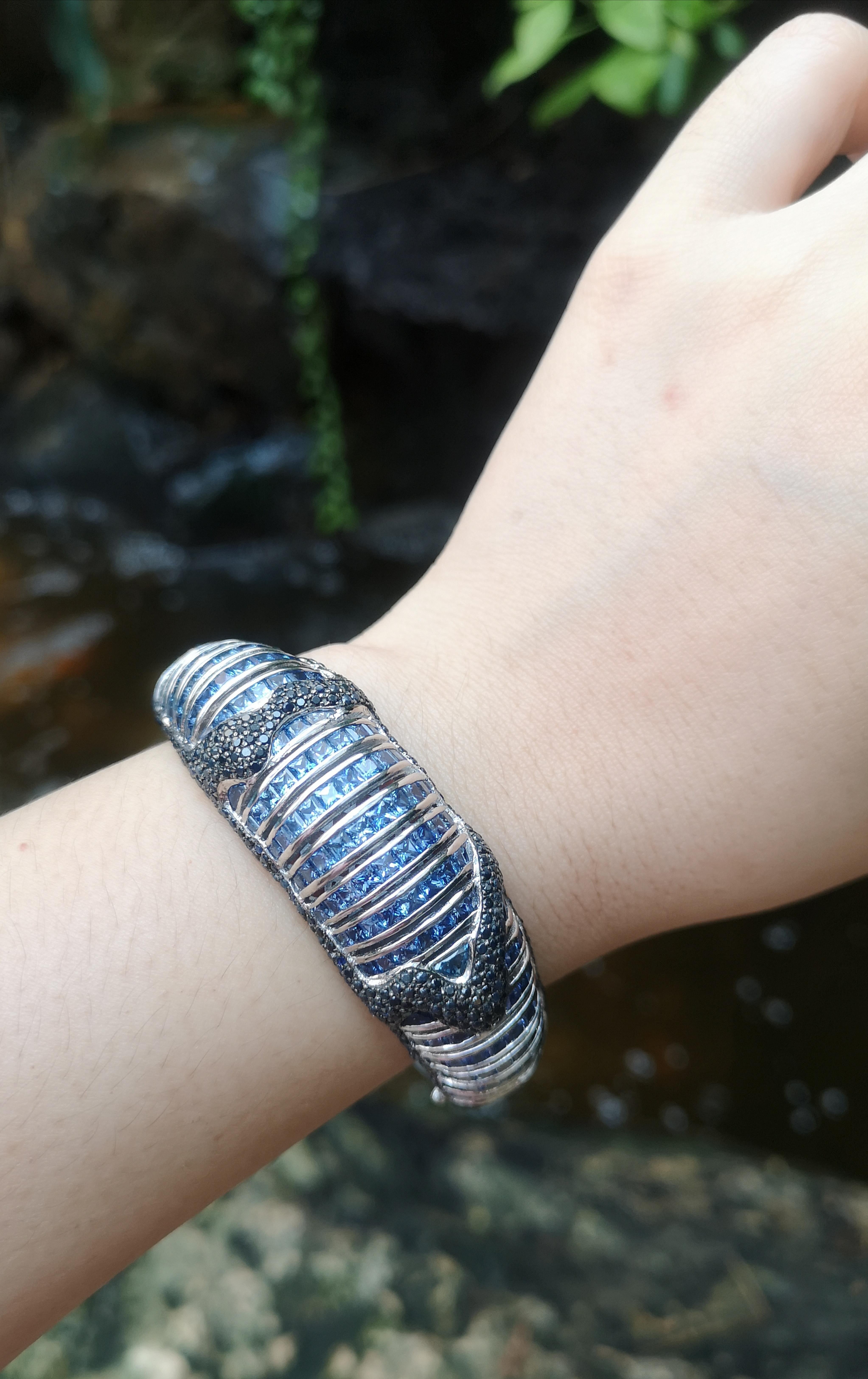 Brilliant Cut Black Sapphire  and Blue Sapphire Bangle set in Silver Settings For Sale