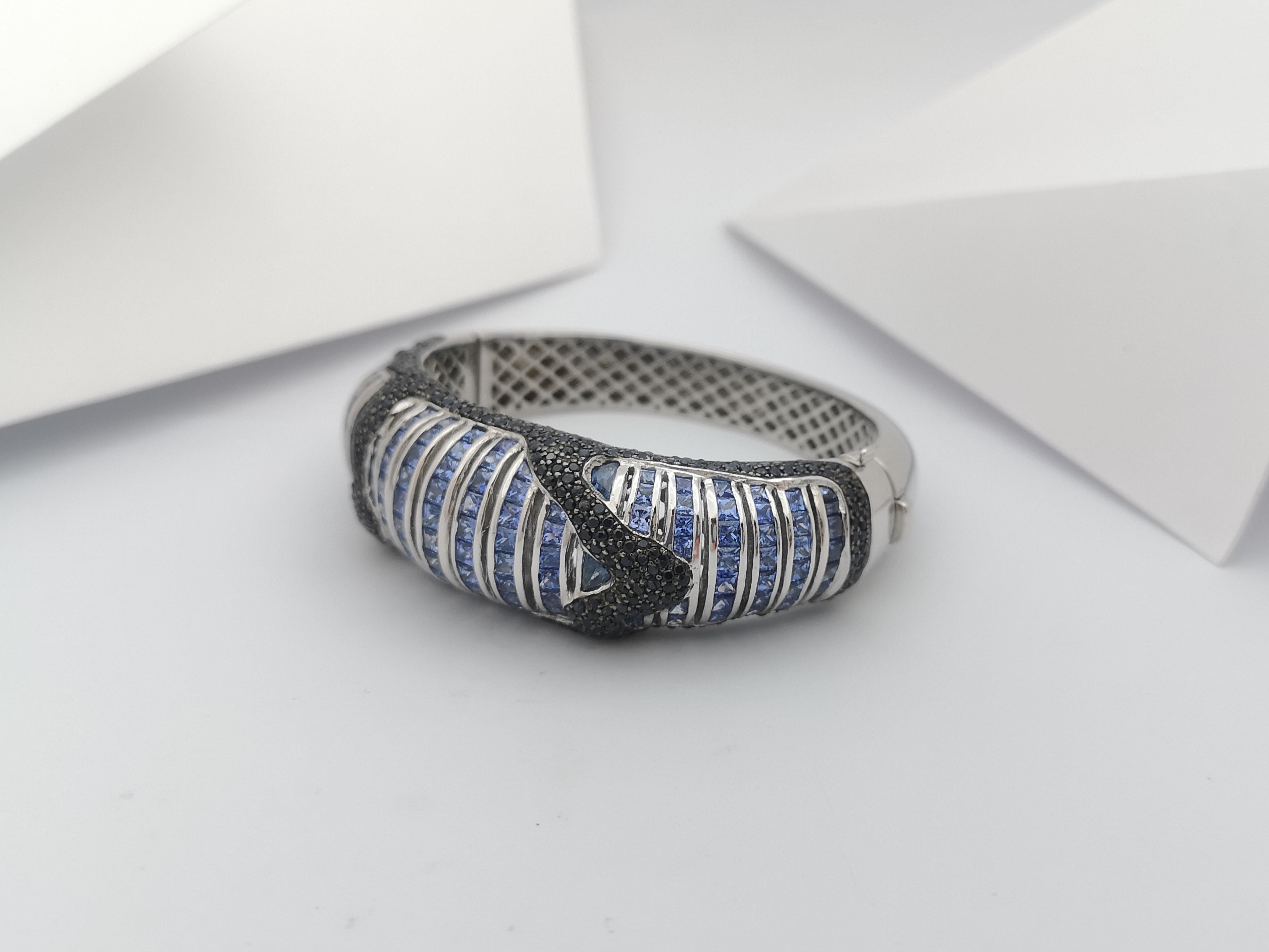 Black Sapphire  and Blue Sapphire Bangle set in Silver Settings For Sale 2