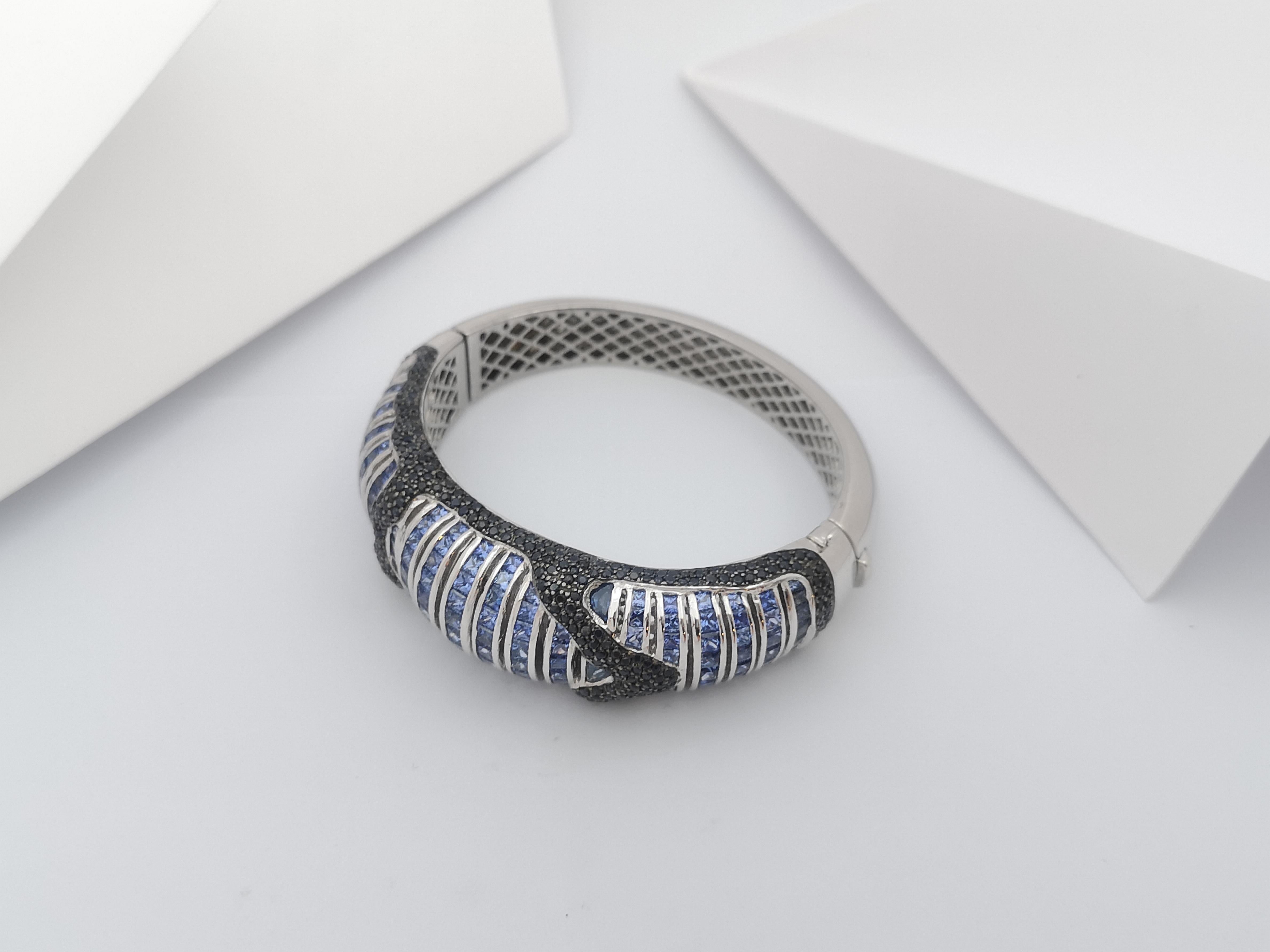 Black Sapphire  and Blue Sapphire Bangle set in Silver Settings For Sale 4