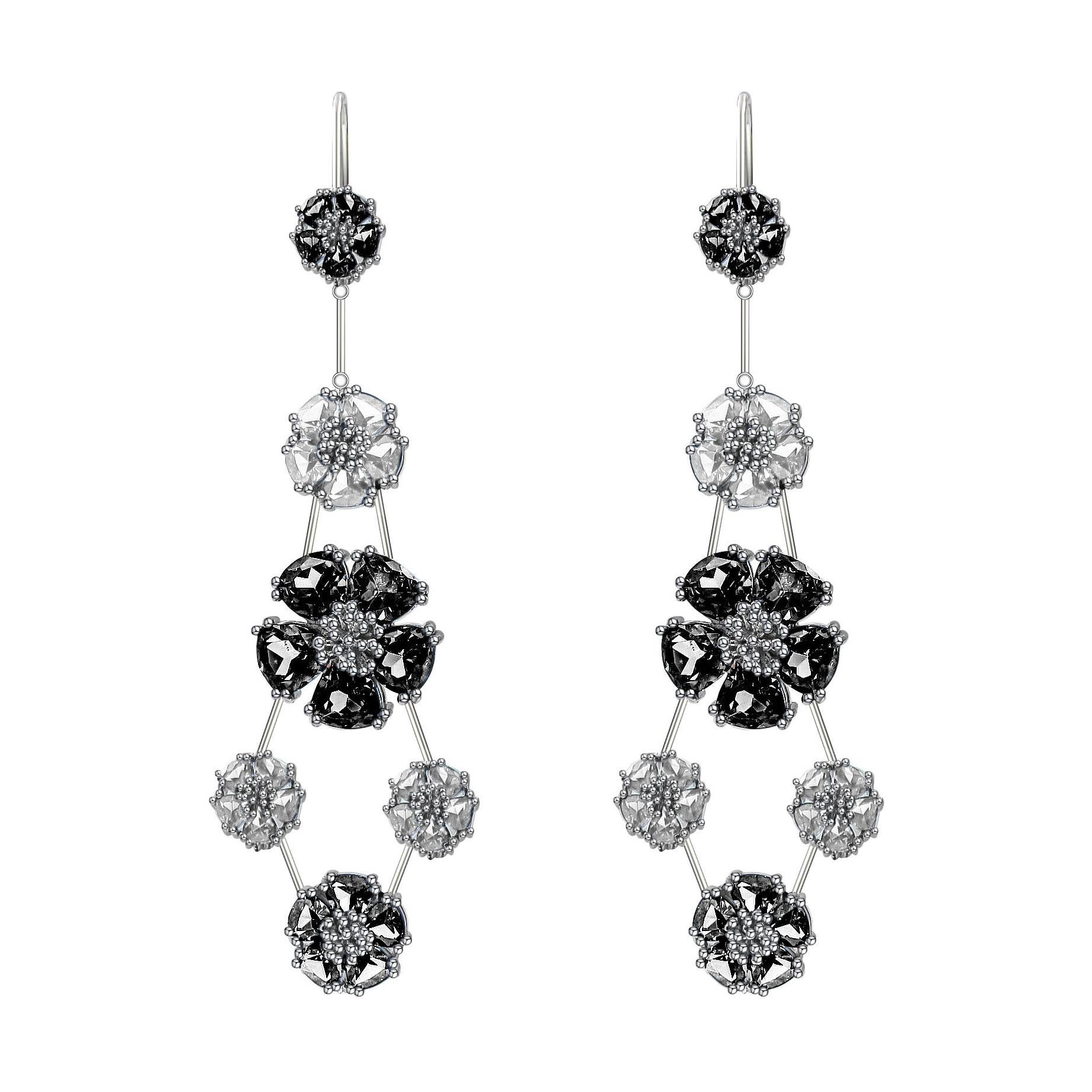 White Topaz and Black Spinel Blossom Double-Tier Chandelier Earrings