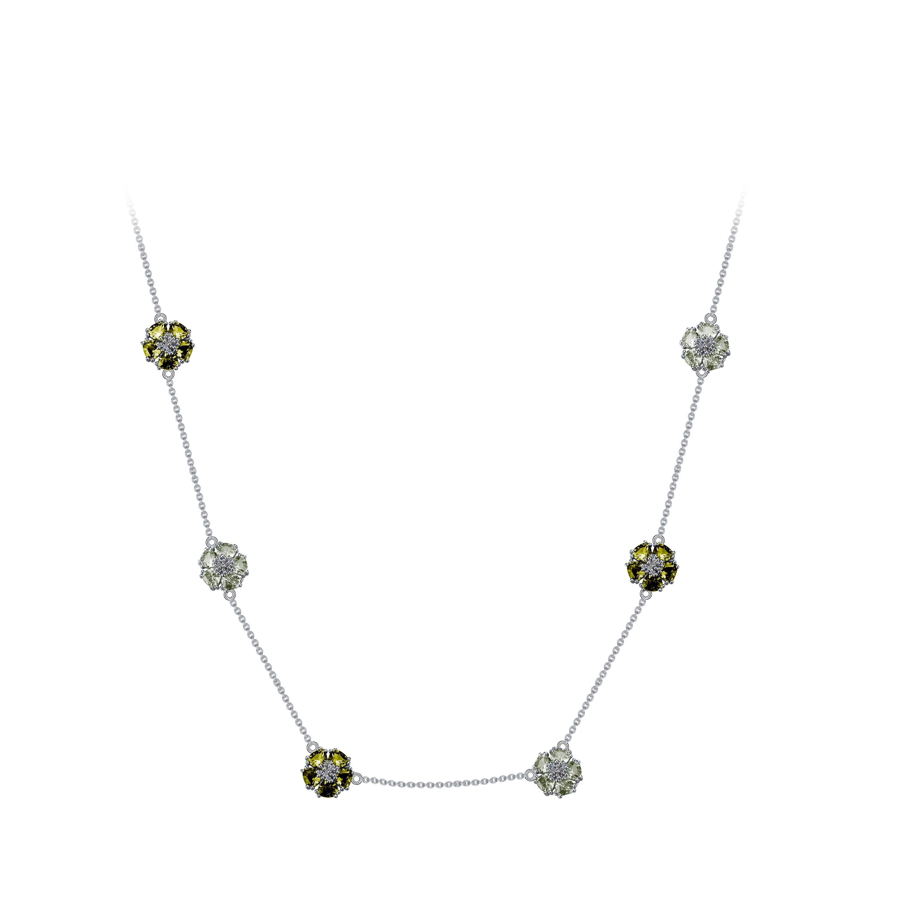 Trillion Cut Black Spinel and White Topaz Blossom Gentile Chain Necklace For Sale