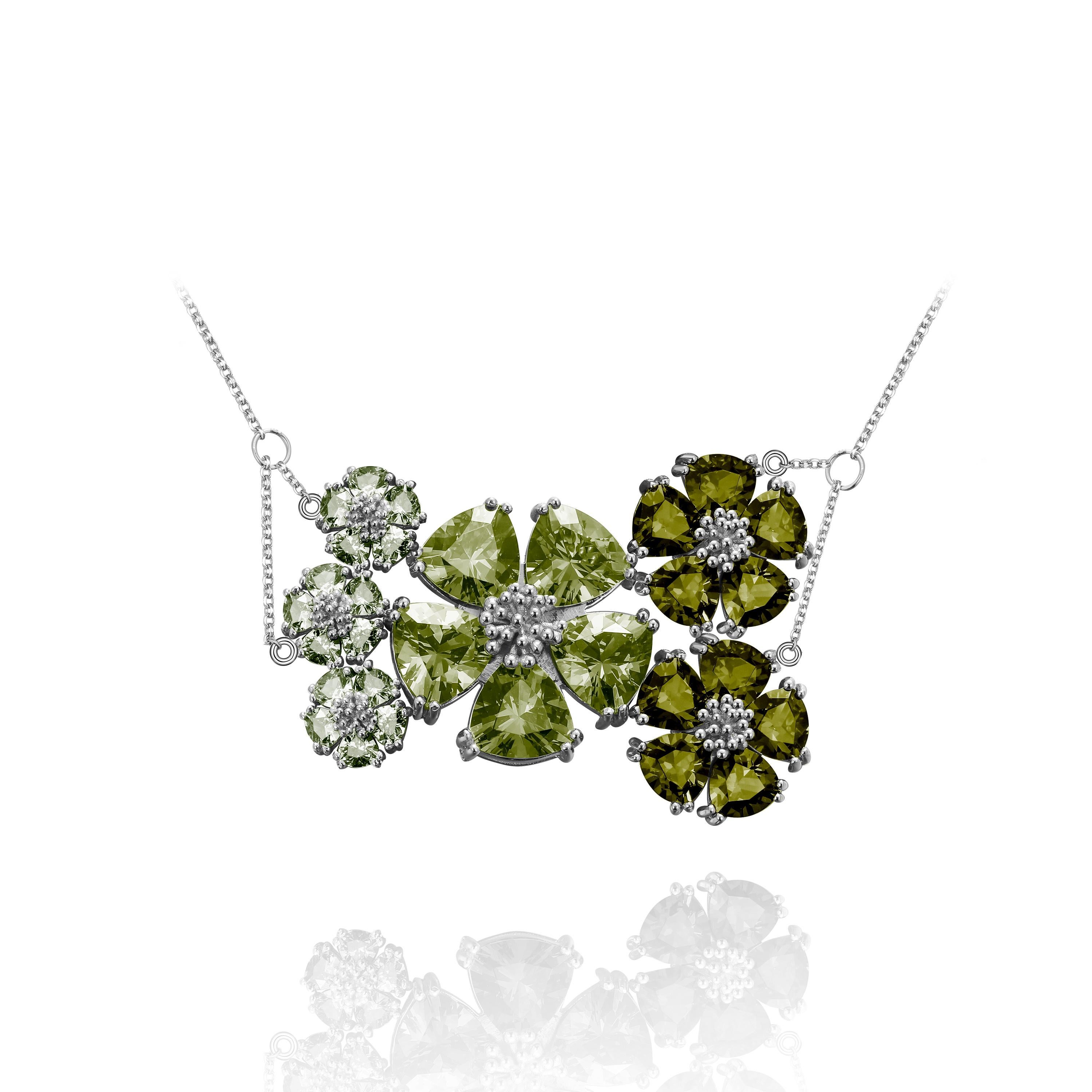 Modern White Topaz, Gray and Black Spinel Blossom Renaissance Necklace For Sale