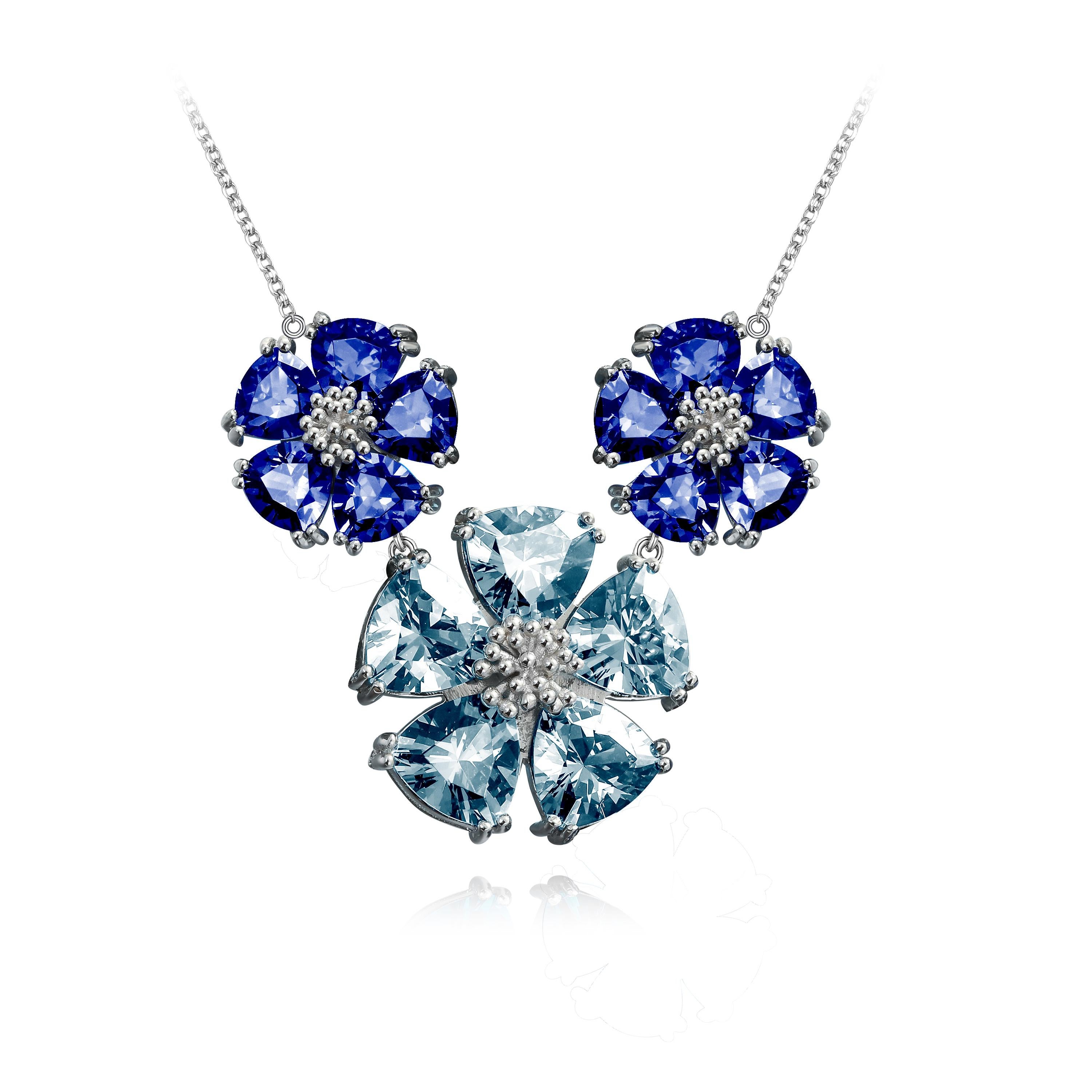 Trillion Cut Black Sapphire and White Sapphire Blossom Triple Renaissance Necklace For Sale