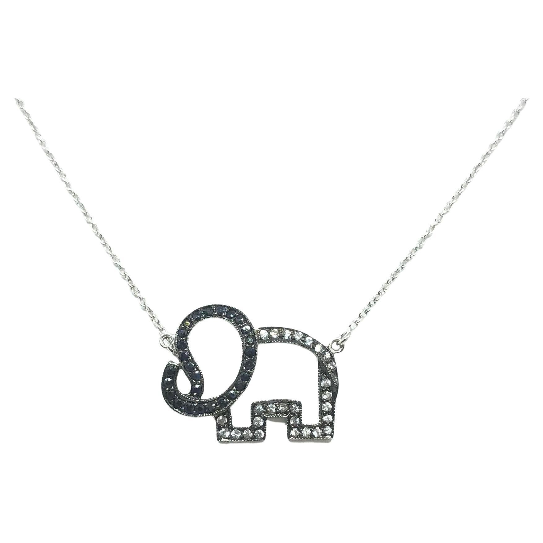 Black Sapphire and White Sapphire Elephant Necklace set in Silver Settings For Sale