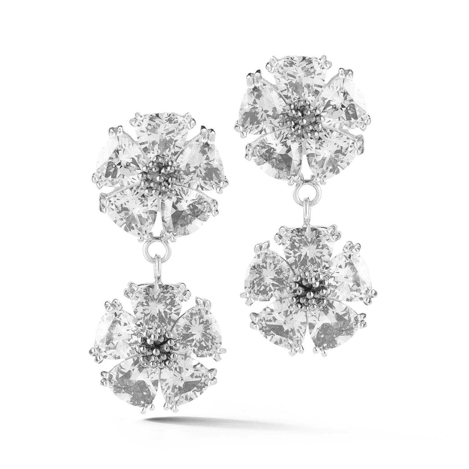 Trillion Cut Black Sapphire Double Blossom Stone Earrings