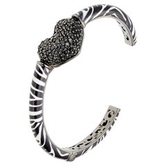 Black Sapphire Heart Cuff Bracelet with Bold Zebra Print in Sterling Silver
