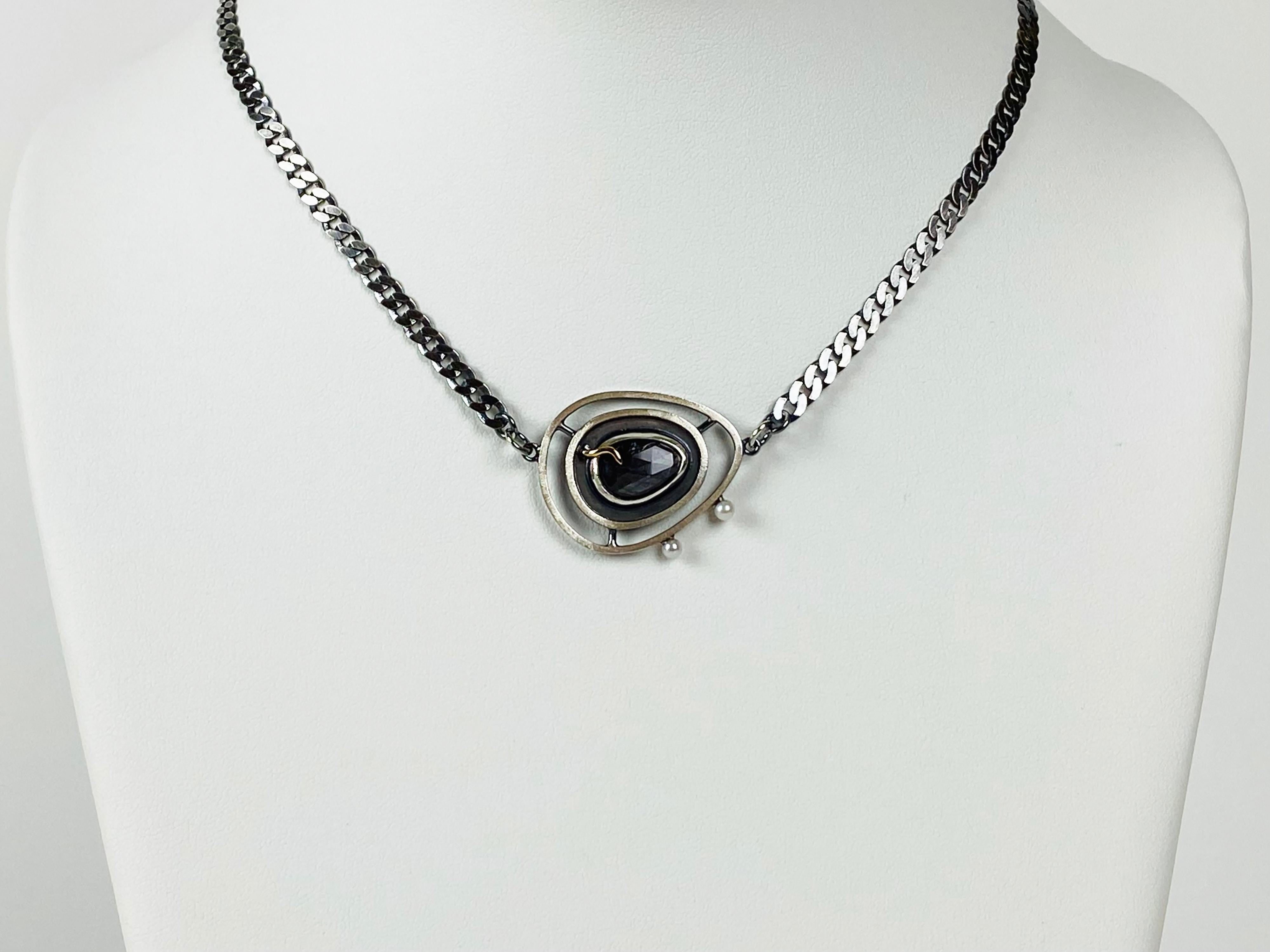 Black Sapphire Pearl 14K Sterling Silver Abyss Necklace by TIN HAUS In New Condition For Sale In Brooklyn, NY