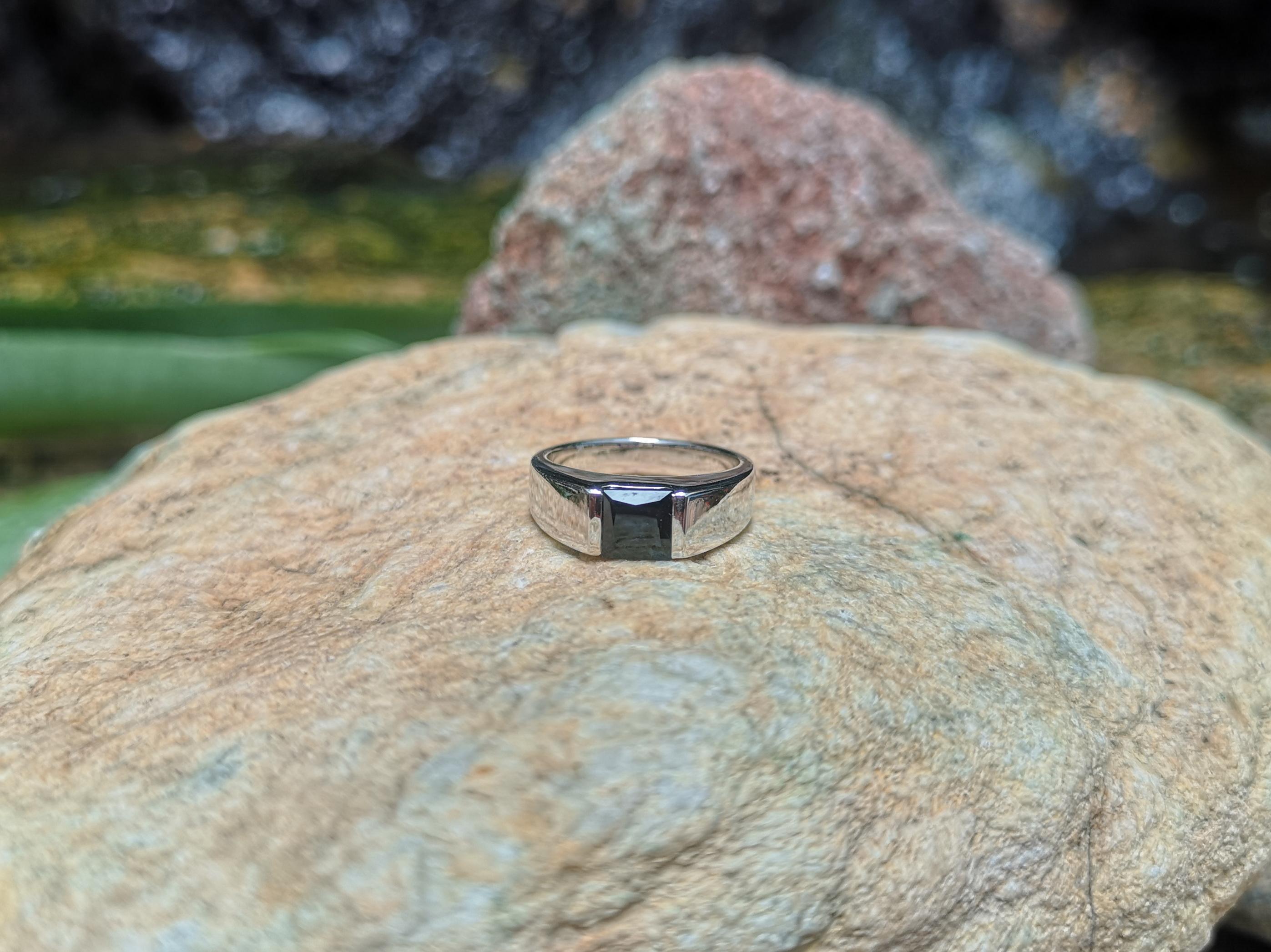 Princess Cut Black Sapphire Ring Set in 18 Karat White Gold Settings For Sale