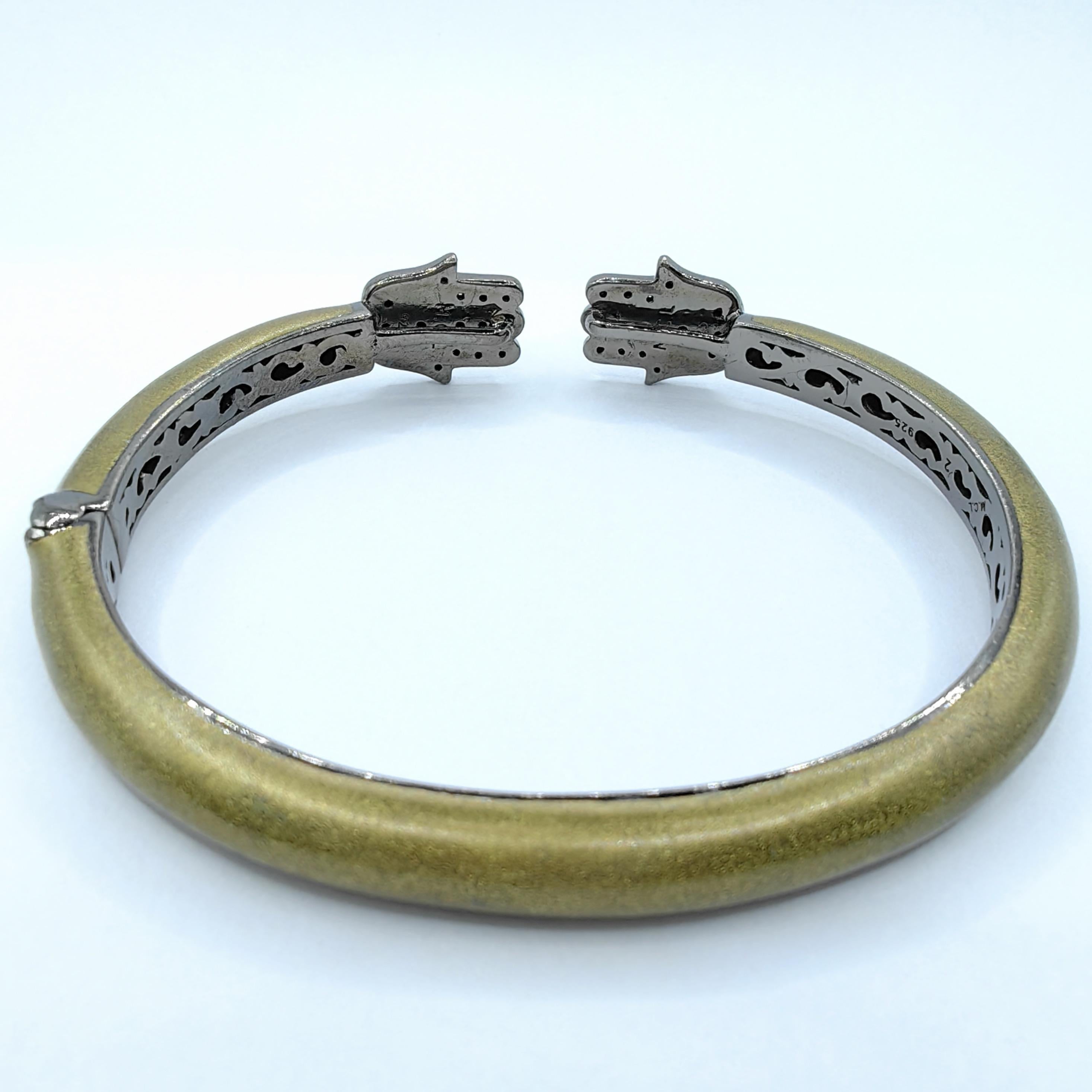 Round Cut Black Sapphire & Shimmery Enamel Hamsa Evil Eye Cuff Bracelet in Sterling Silver