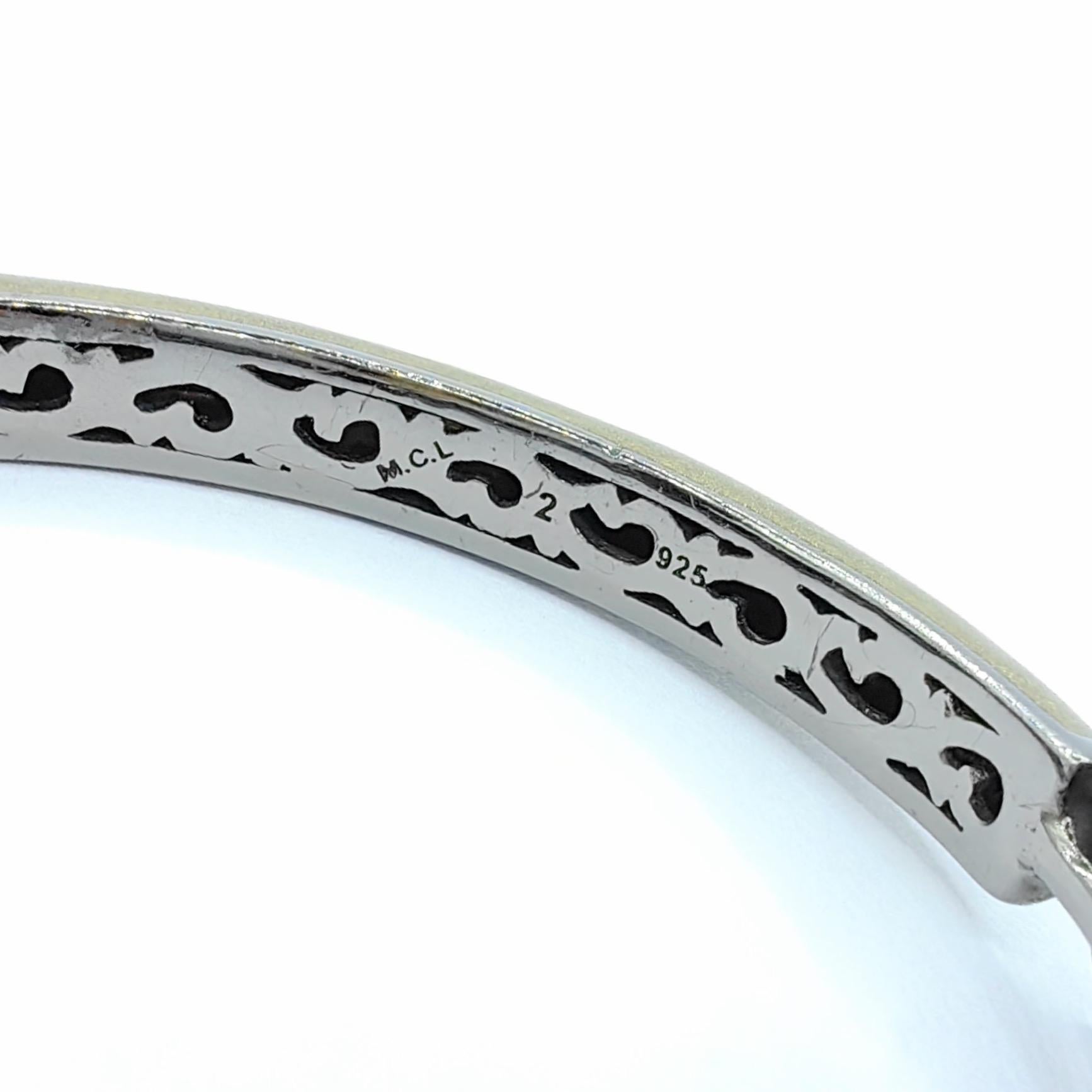 Women's or Men's Black Sapphire & Shimmery Enamel Hamsa Evil Eye Cuff Bracelet in Sterling Silver