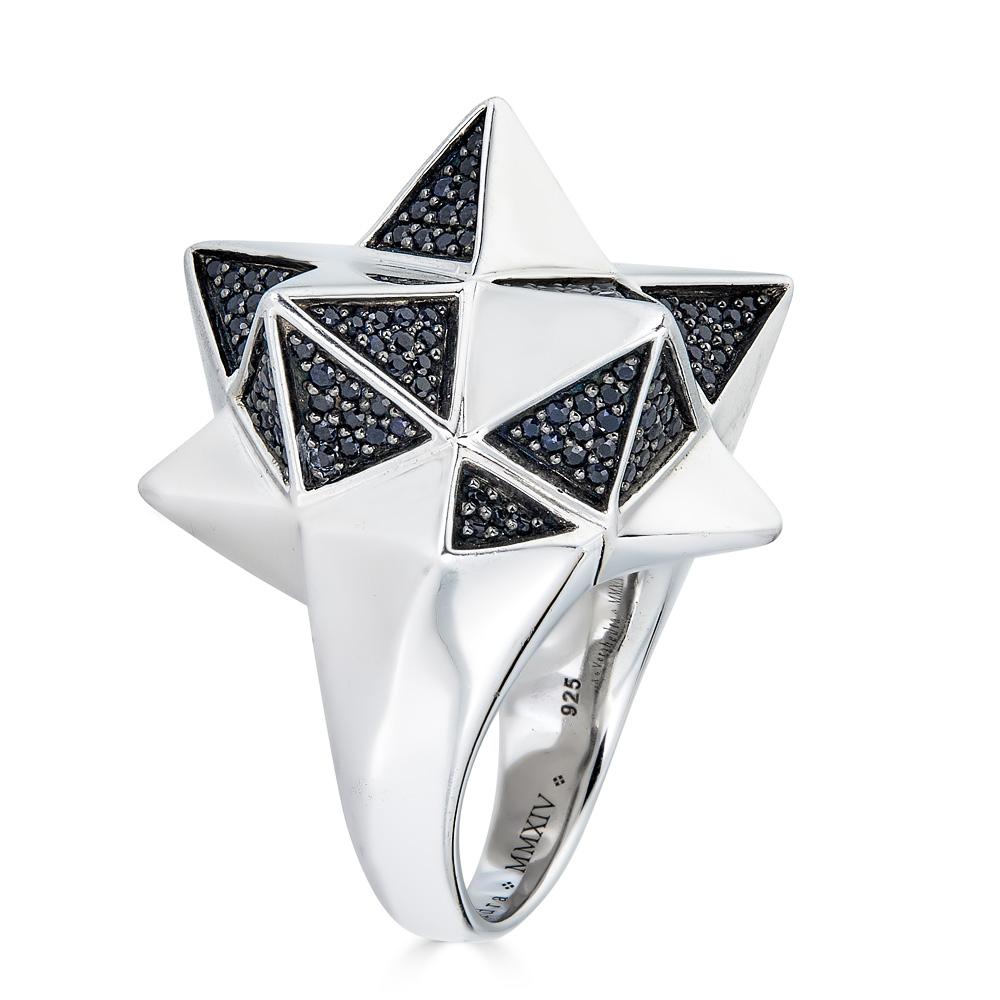 Inspired by sacred geometry, alternating facets of this Star Tetrahedron sparkle with black sapphires, compelling us to observe life more deeply. The star tetrahedron is the intersection of two perfect pyramids, forming a three-dimensional hexagram