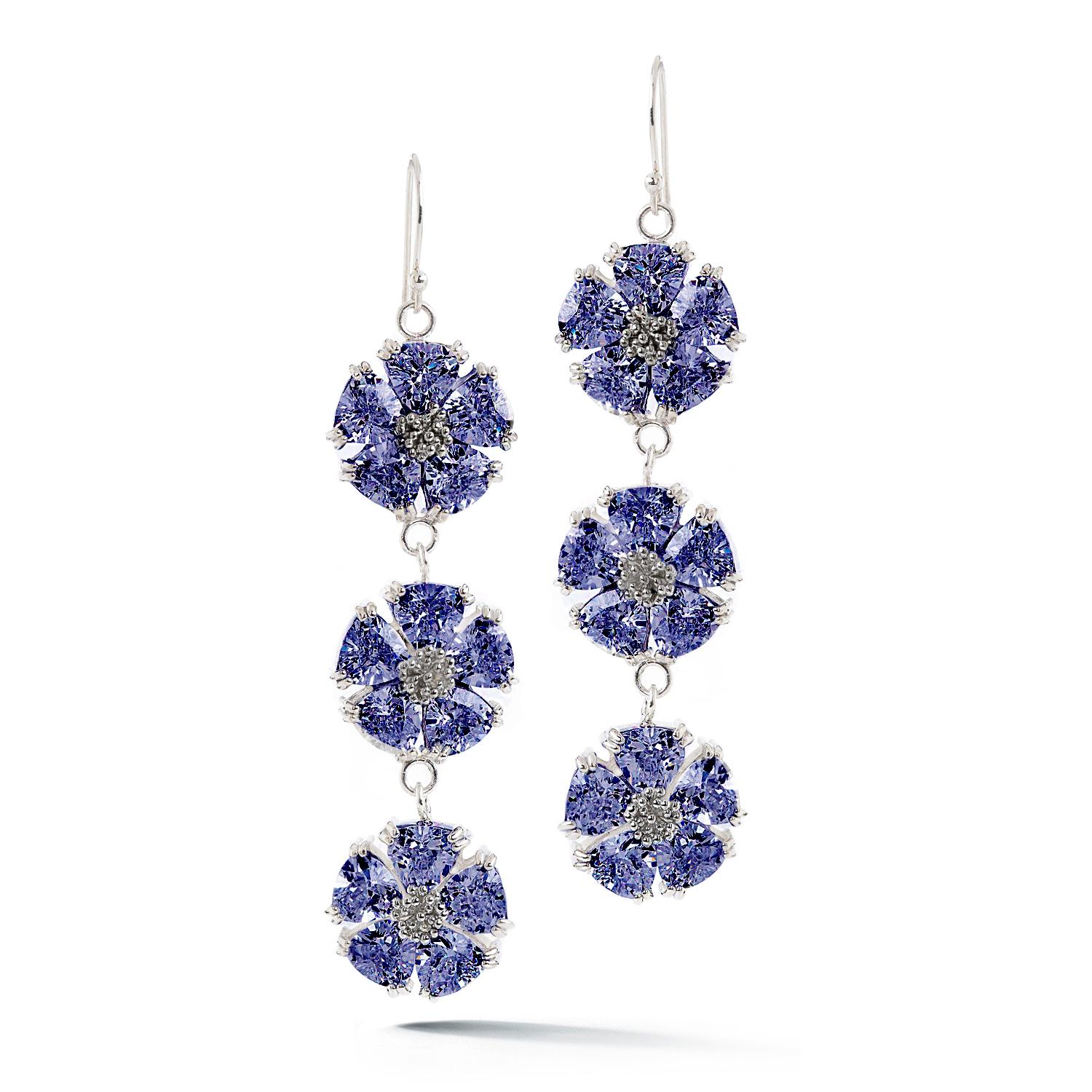 Trillion Cut Black Sapphire Triple Blossom Stone Bling Earrings For Sale