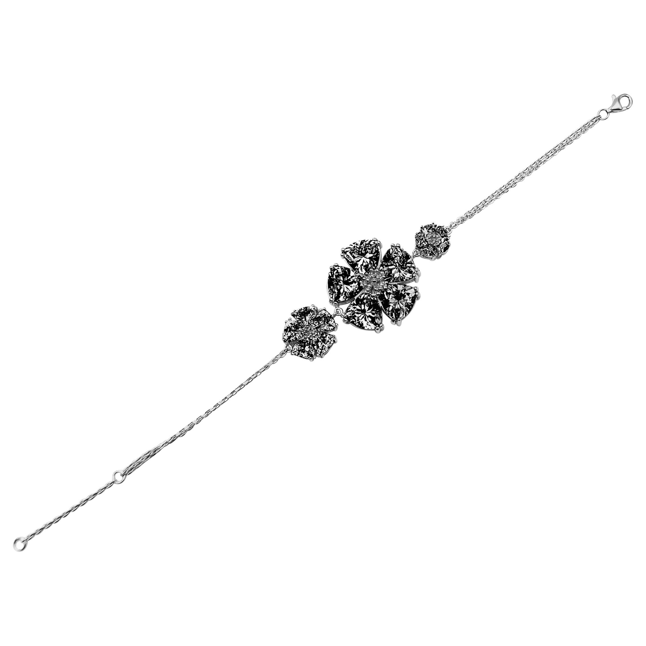 Black Sapphire Triple Blossom Stone Chain Bracelet For Sale
