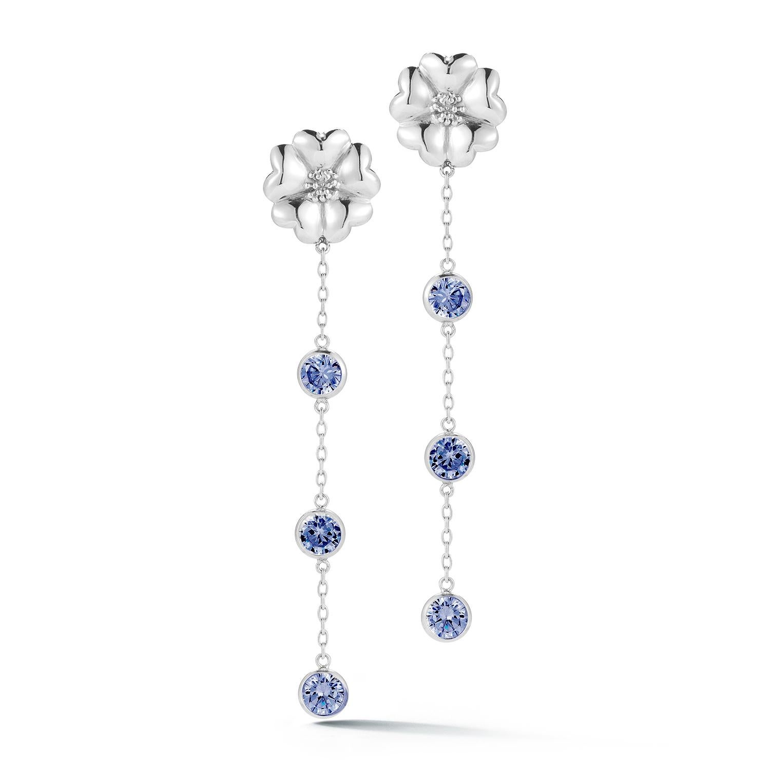 Trillion Cut Black Sapphire Triple Stone Drop Blossom Earrings For Sale