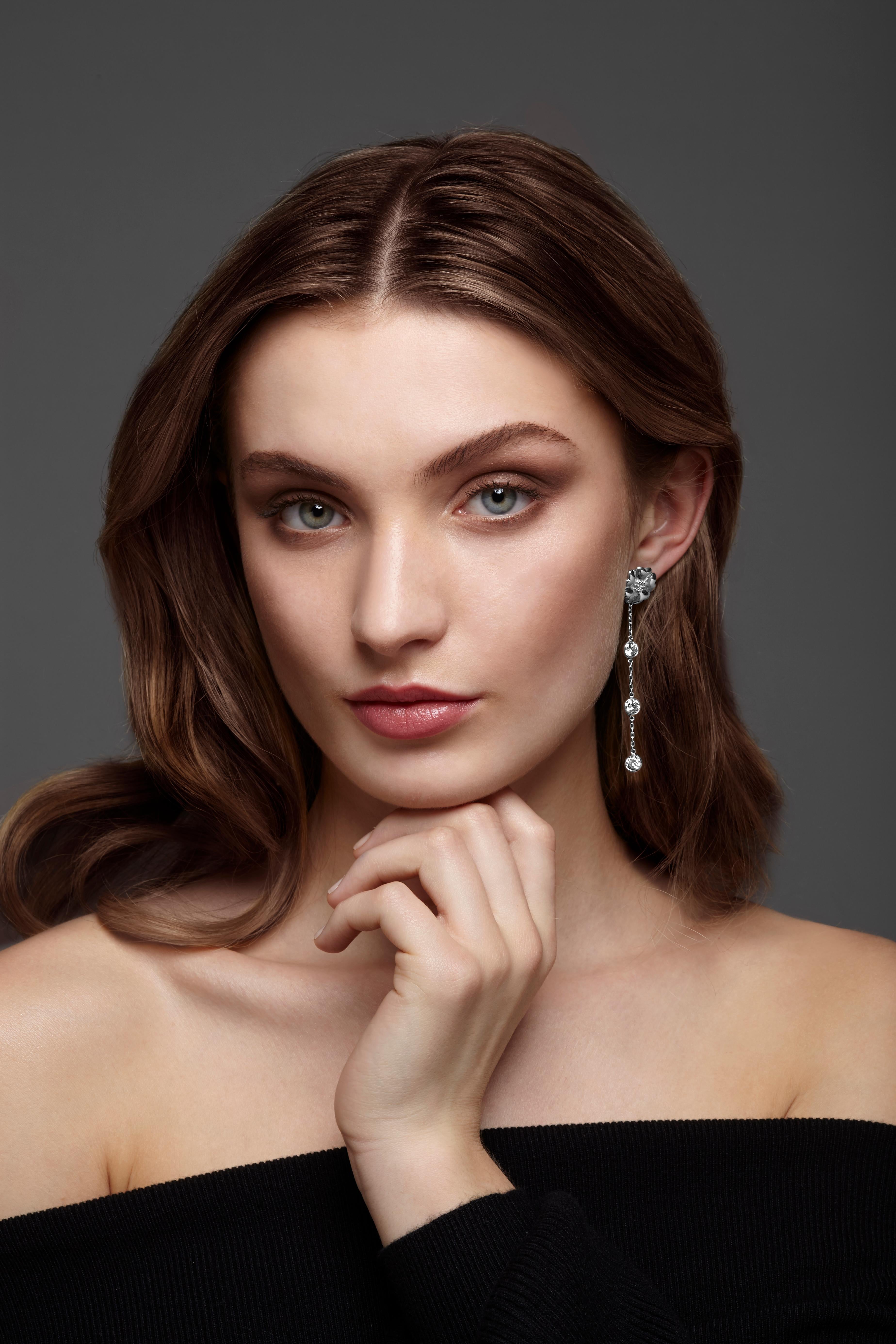 Women's Black Sapphire Triple Stone Drop Blossom Earrings For Sale