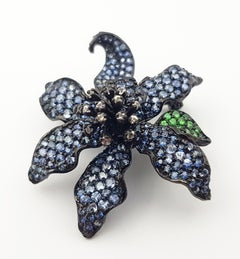 Black Sapphire, White Sapphire and Tsavorite Pendant/Brooch in Silver Settings