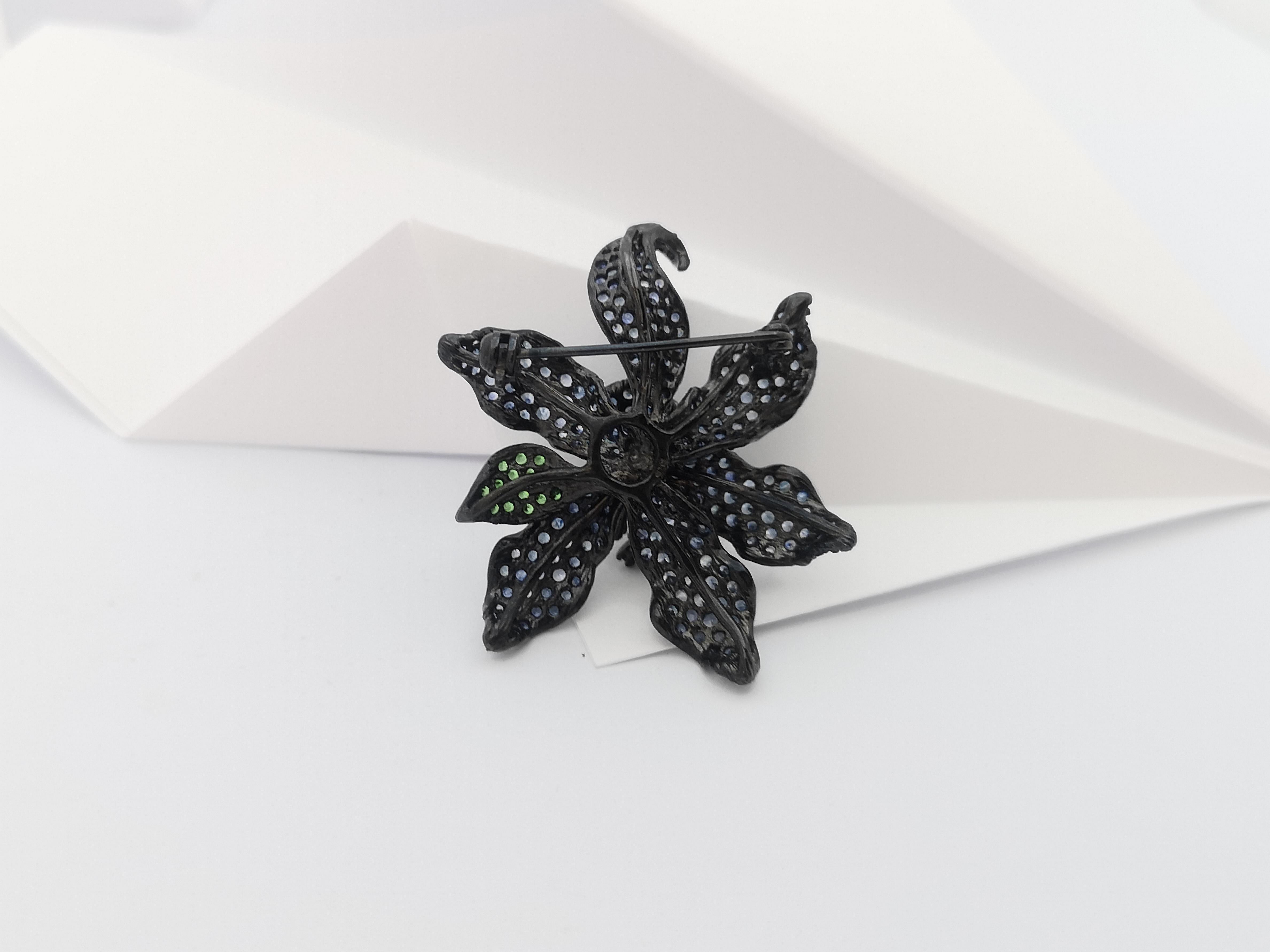 Black Sapphire, White Sapphire and Tsavorite Pendant/Brooch in Silver Settings For Sale 1